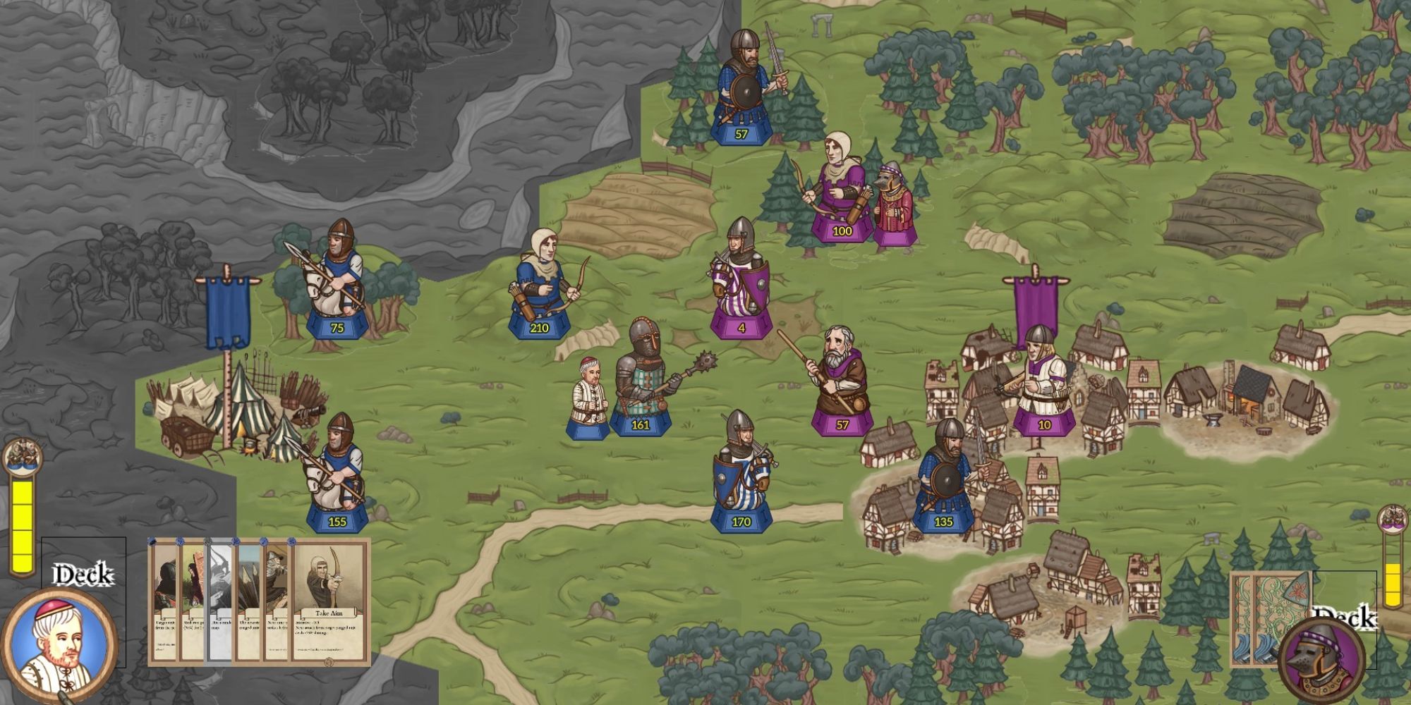 a screenshot from the game Rising Lords featuring various character portraits scattered across a detailed hand drawn map 
