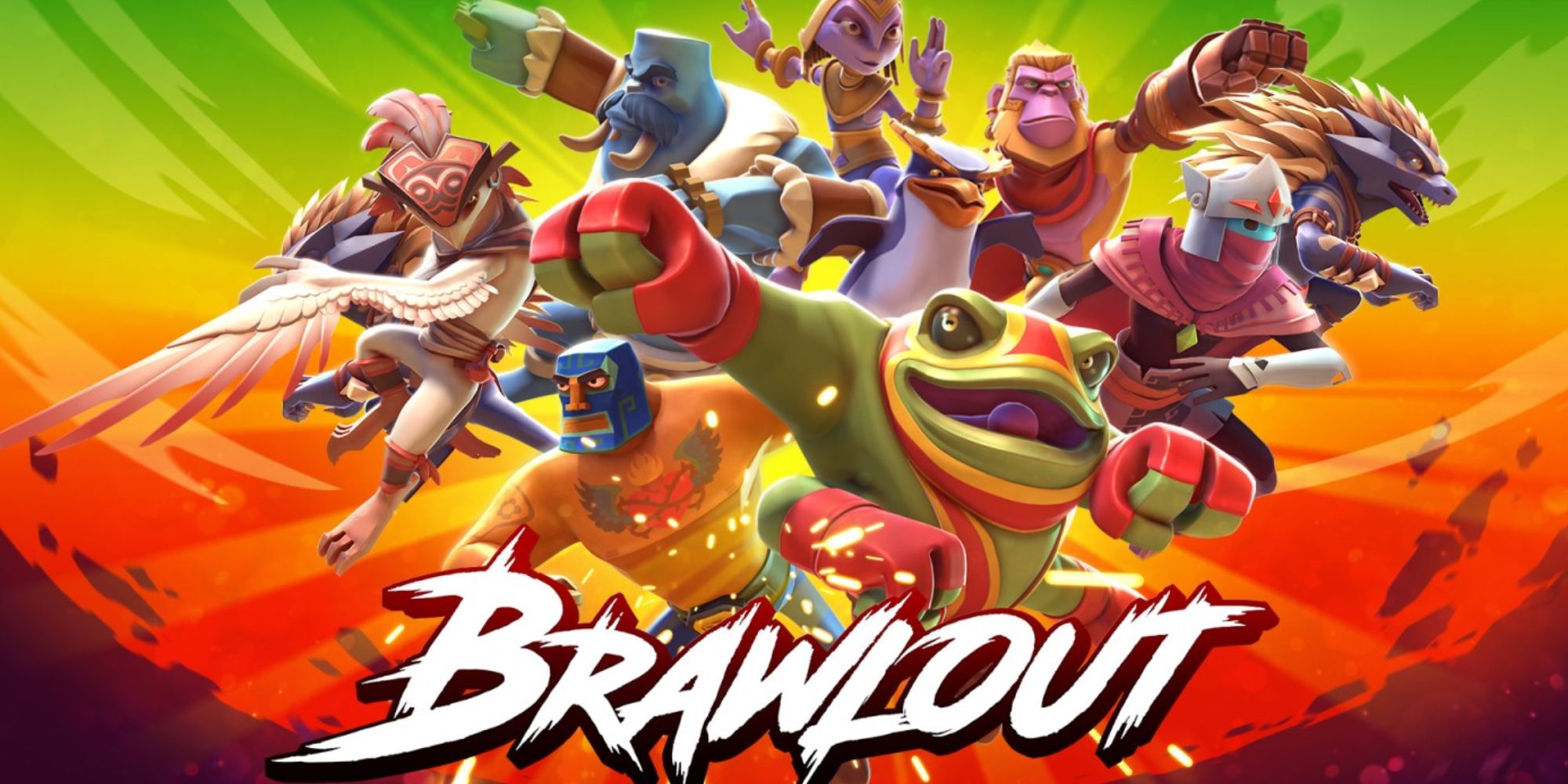 a promotional image for Brawlout with the game's logo at the bottom and its roster of characters grouped in the centre including Jaun from Guacamelee and the Drifter from Hyperlight Drifter