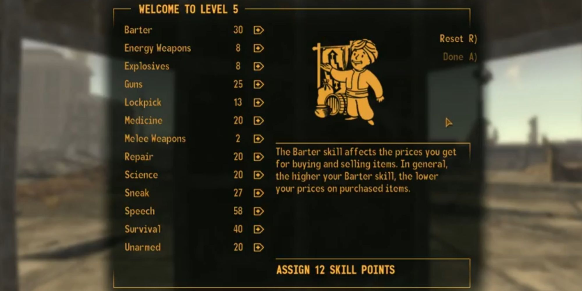 New Vegas Skills Menu After Leveling Up