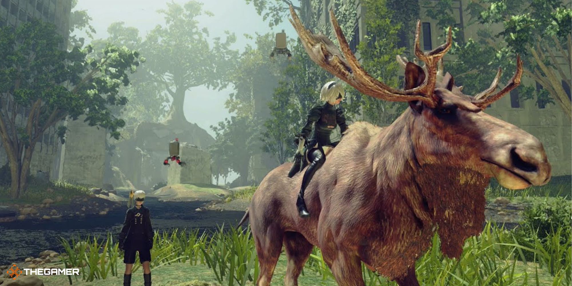 NieR Automata - the player riding a moose