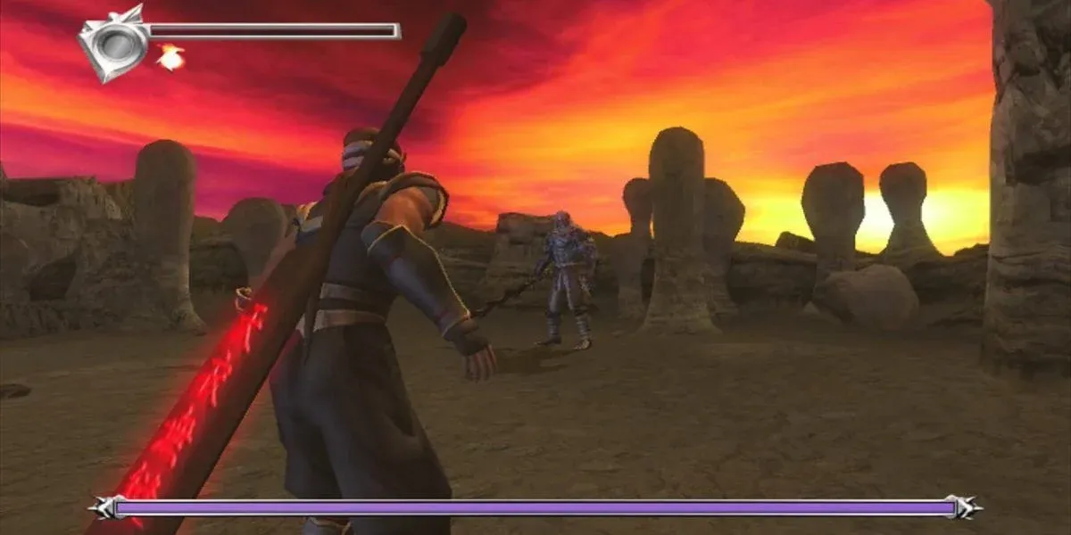 Ninja Gaiden Ryu fighting Doku with wooden sword