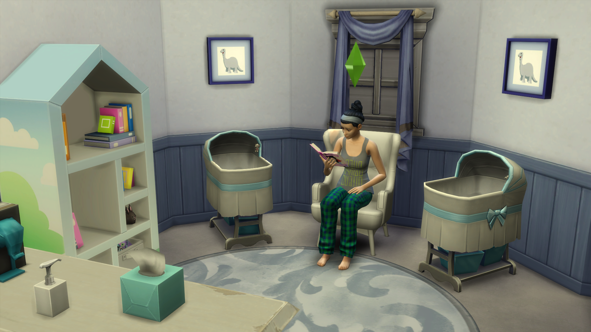 A female Sim reading in a blue nursery in The Sims 4