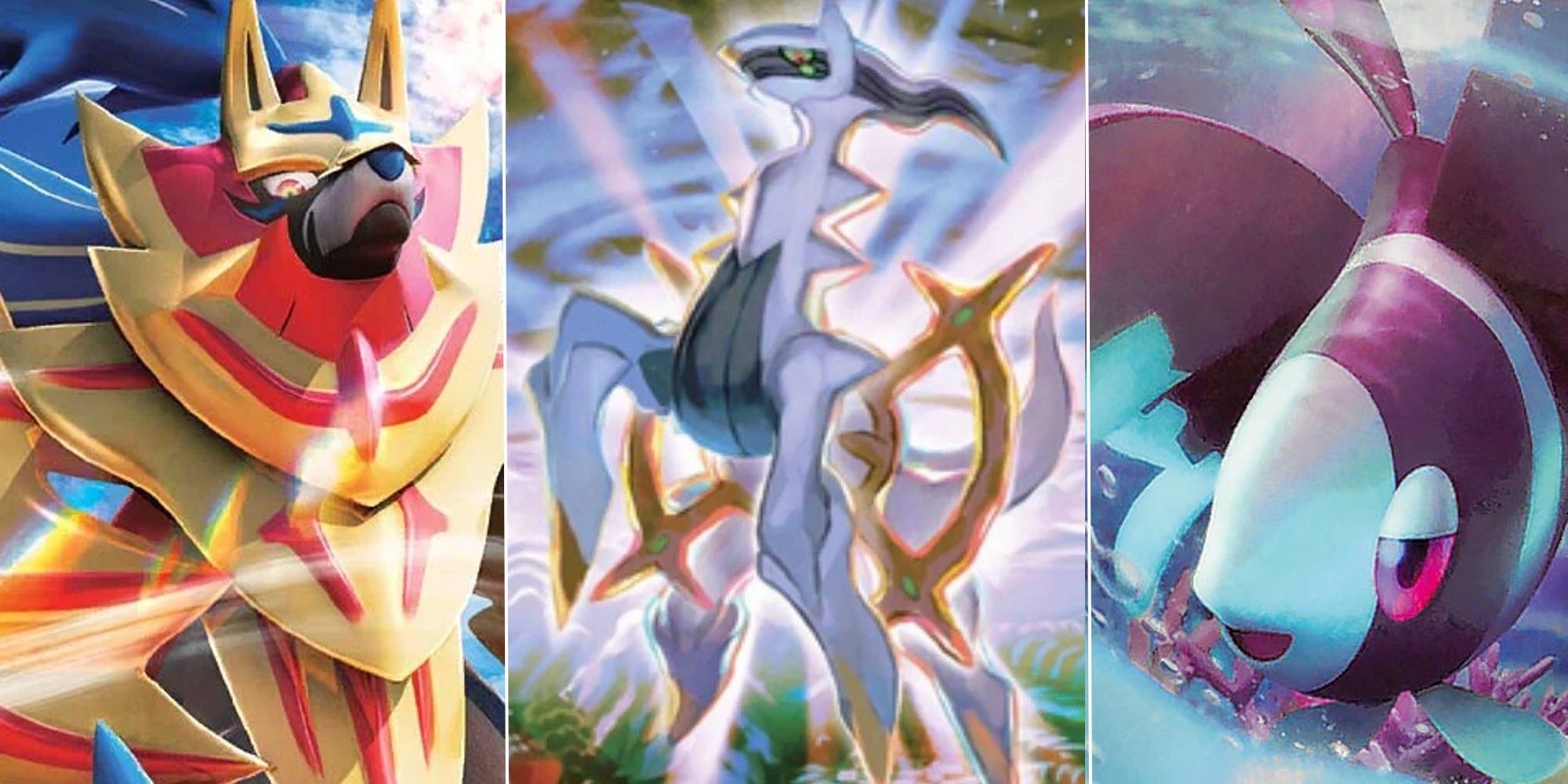 POKEMON TCG: The 10 Best V Cards Feature Image: Zamazenta on the left, Arceus in the middle, Lumineon on the right, card arts