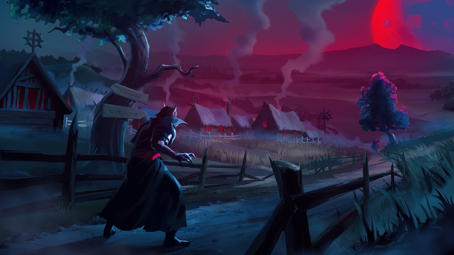 A vampire stands on a country road looking at a village under a blood moon