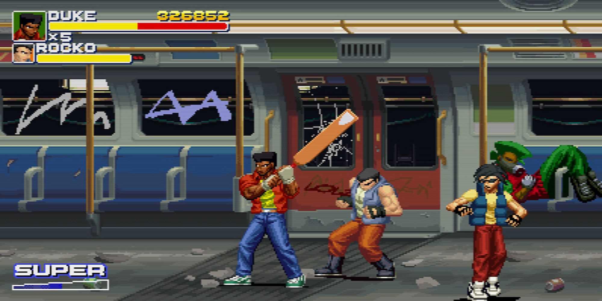 Duke wields a giant paddle in a battle on a subway car in Final Vendetta.
