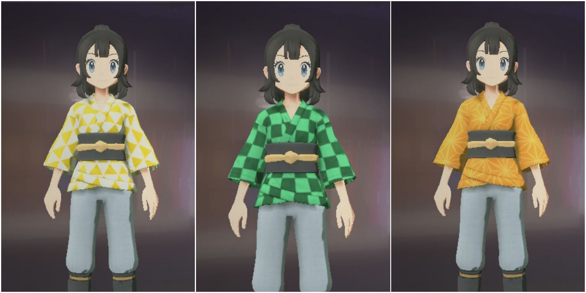Split image screenshots of the player character wearing the Triangles II Patterned Kimono, Checkered II Patterned Kimono and Stars III Patterned Kimono.