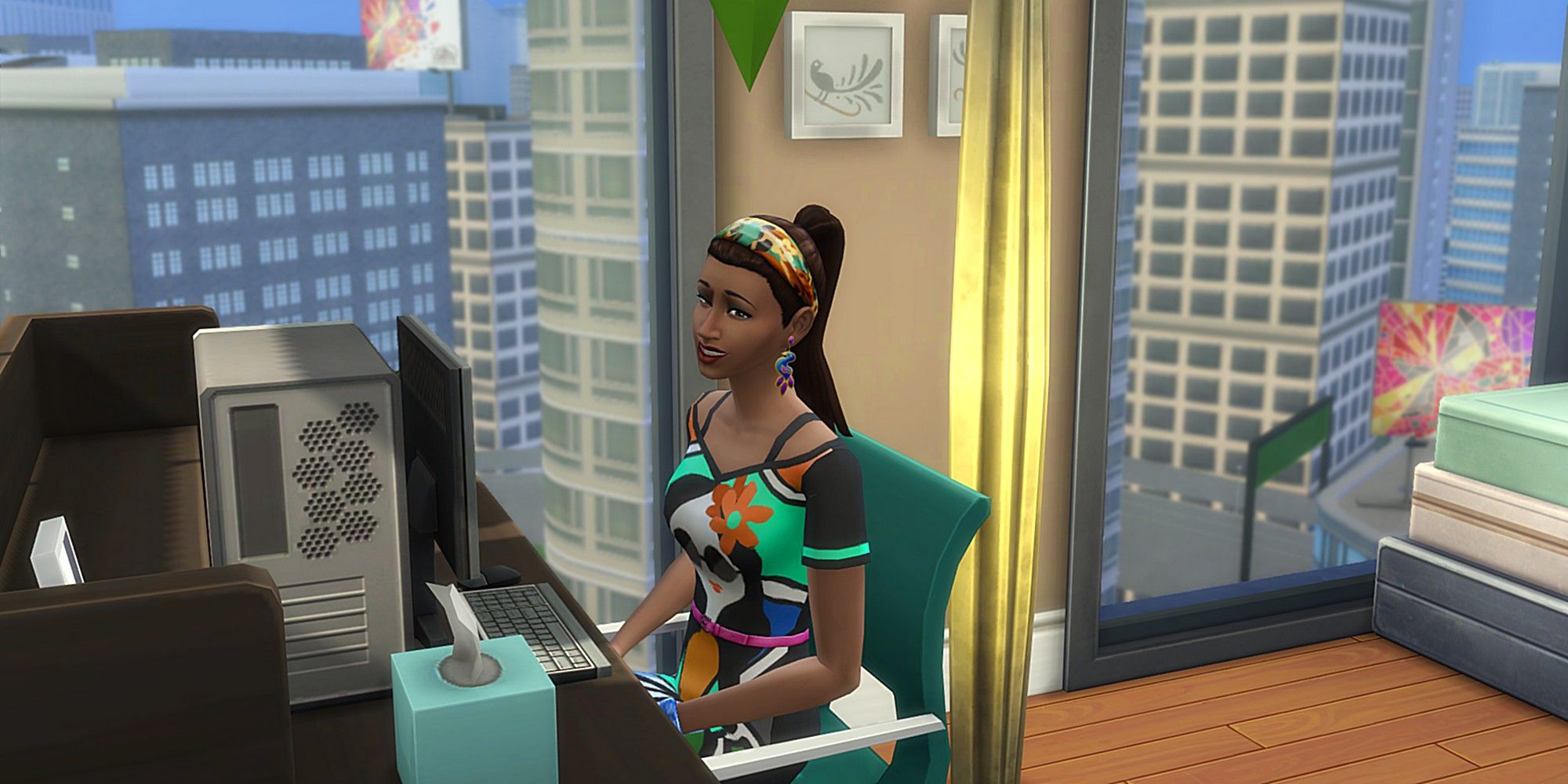 Penny Pizzazz in her apartment in The Sims 4 City Living