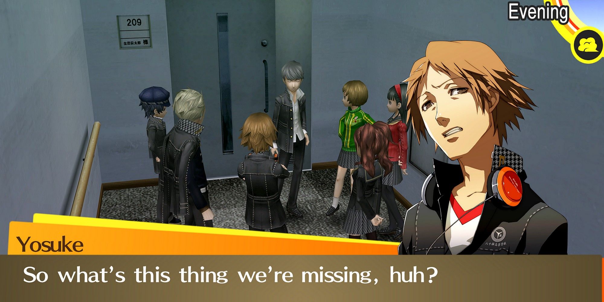 A dialogue box by Yosuke discussing the ending of Persona 4 Golden with the team