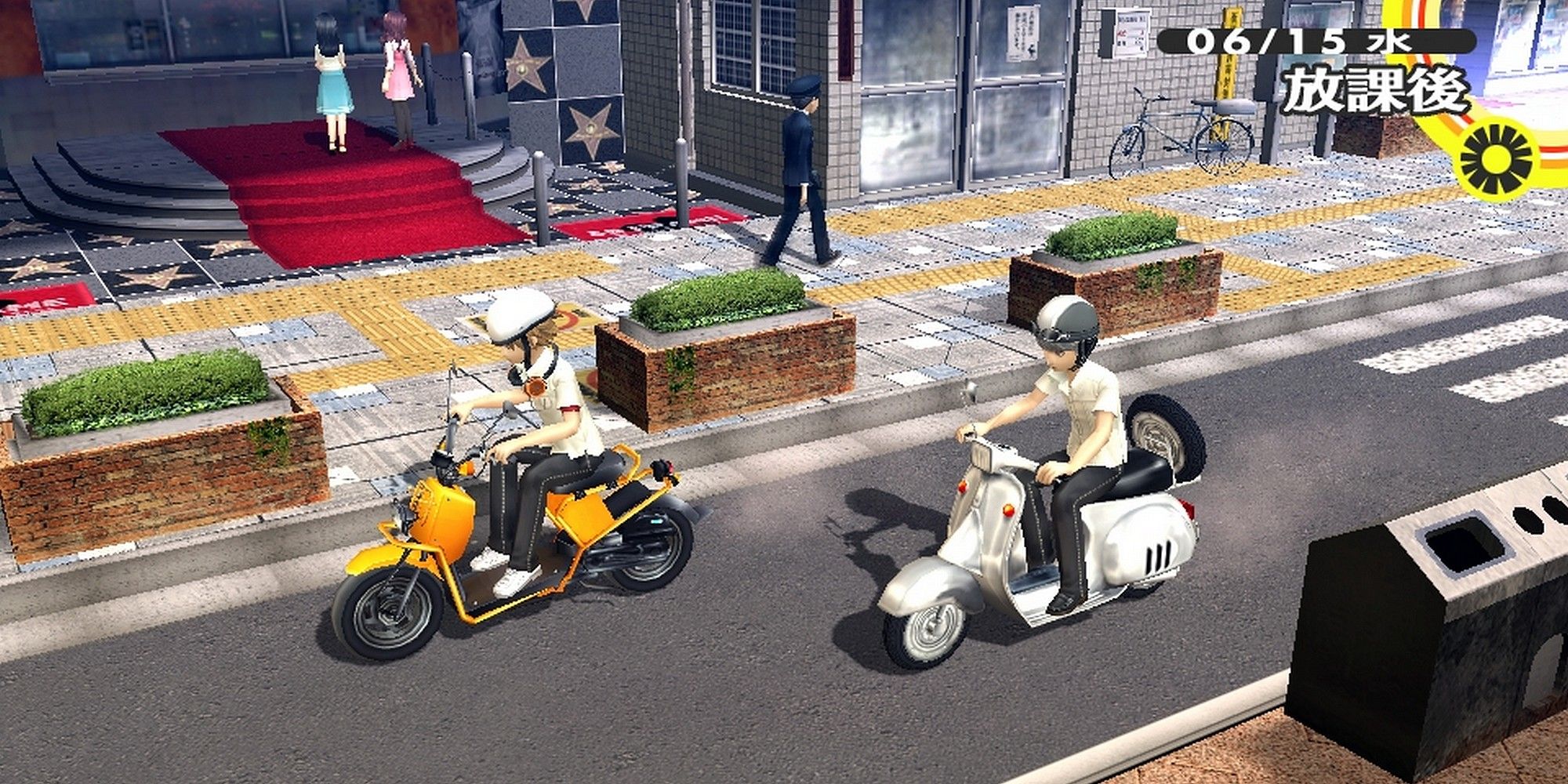 Yu and Yosuke riding scooters in Okina City in Persona 4 Golden