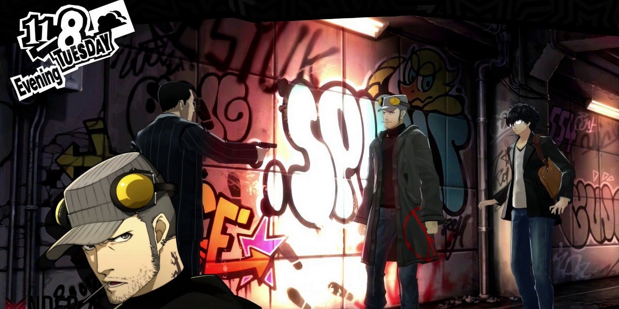 Persona 5 Iwai and Joker during Iwai's Mementos request