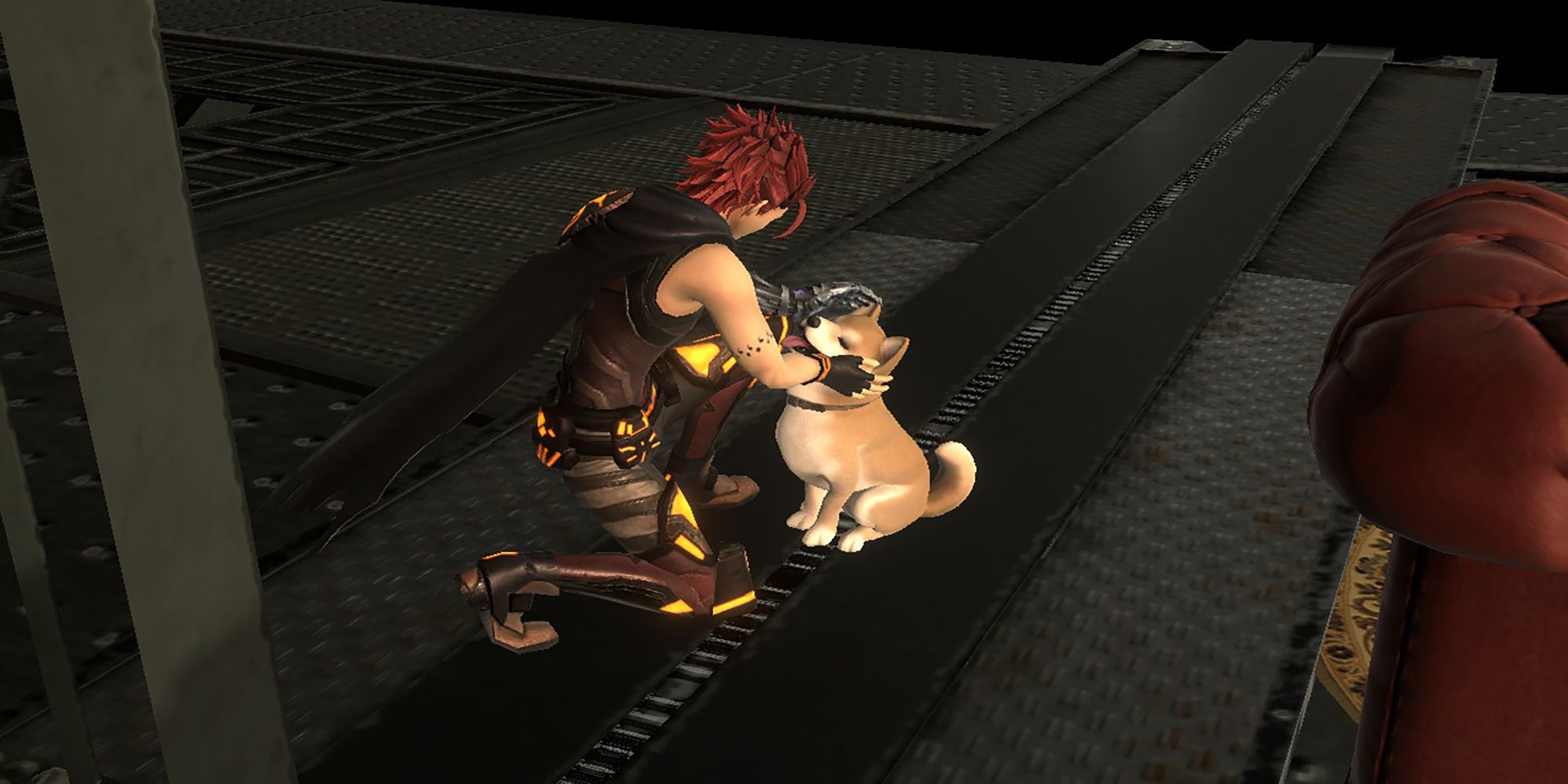 Talis pets Pochi at Iron Base in Metal Max Xeno Reborn.