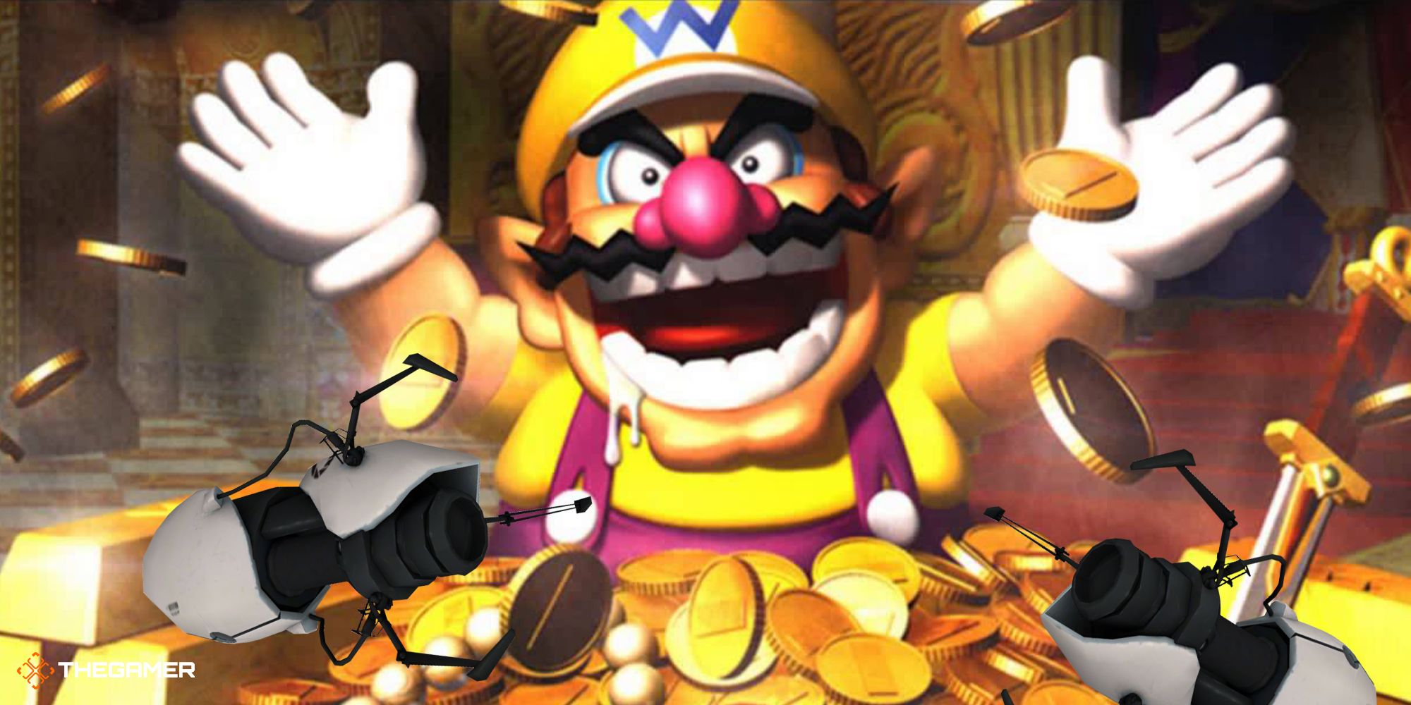 Photo of Wario with gold coins alongside photoshopped Portal guns