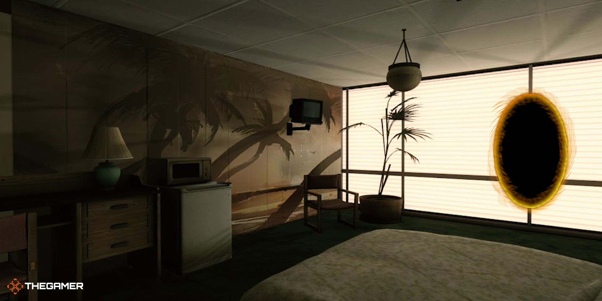Picture of Chell's room from the beginning of Portal with an orange portal photoshopped in