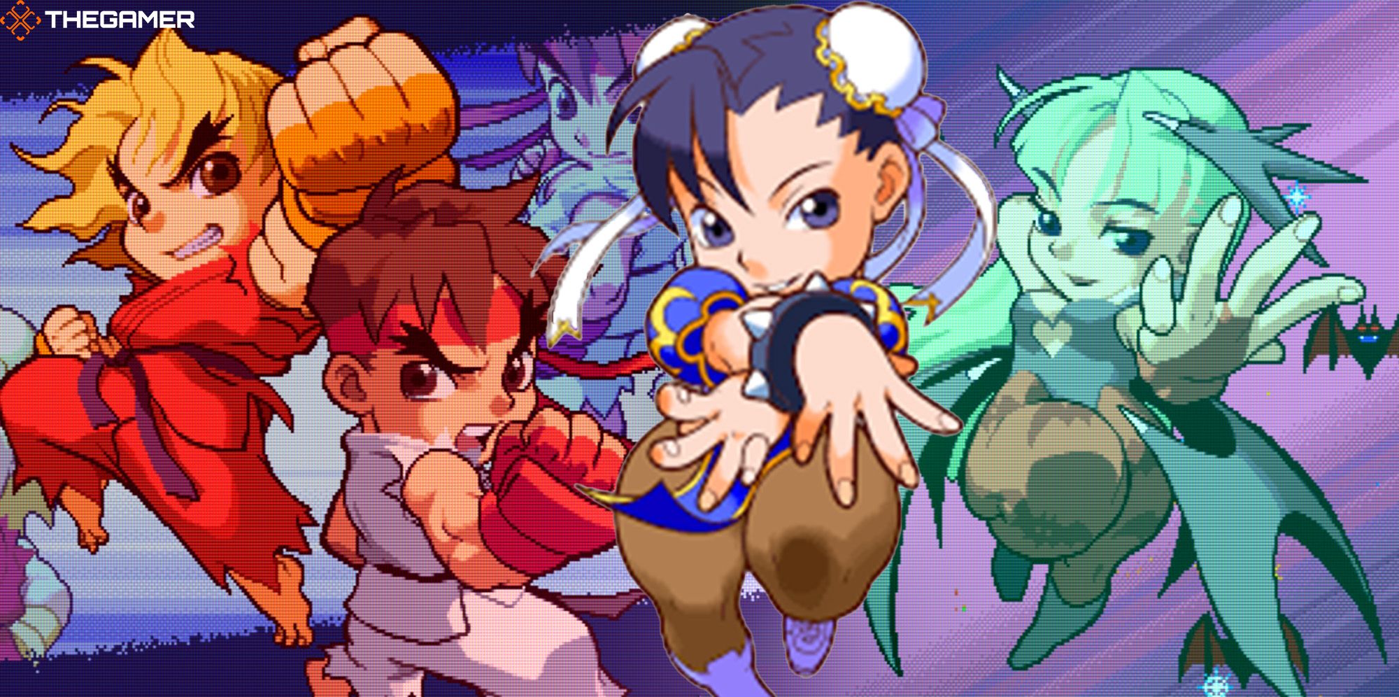 Chibi versions of Ken, Ryu, Chun-li, and Morrigan grace dynamic, colorful backgrounds in a feature image for Pocket Fighter Beginner Tips.