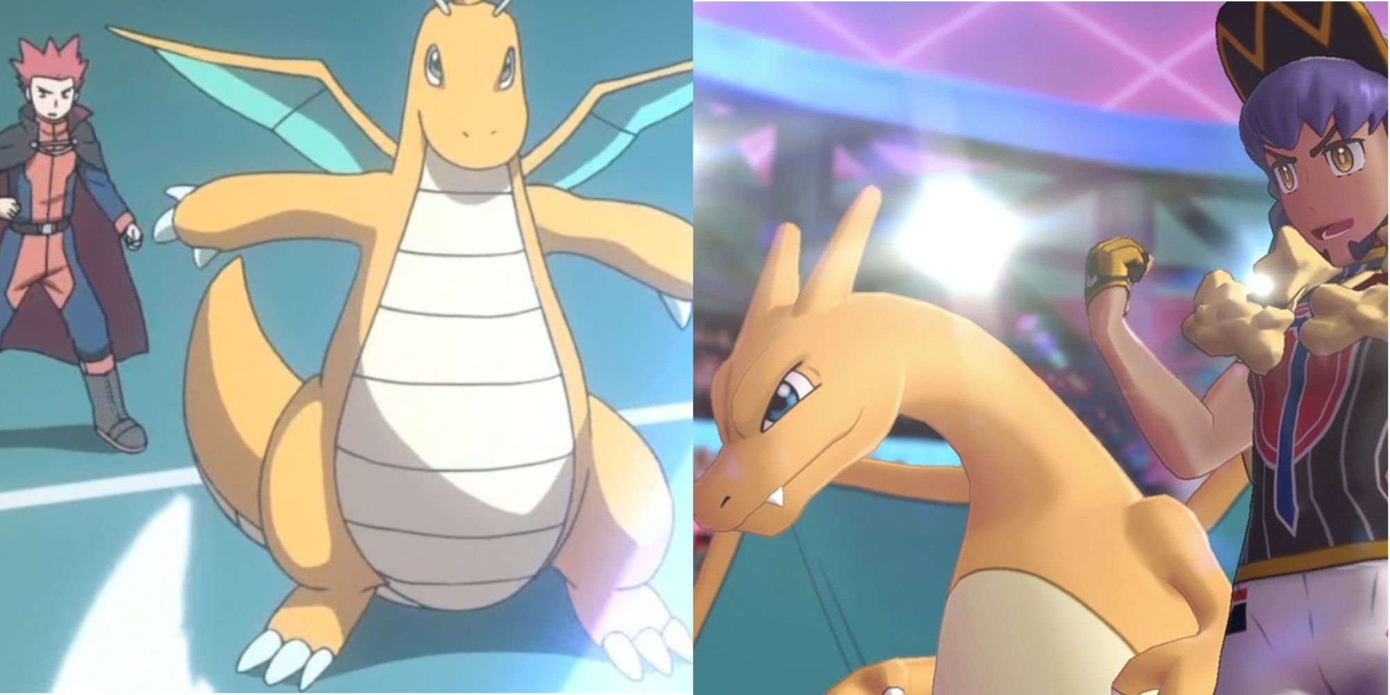 Pokemon Best Duos : Lance & Dragonite to the left. Leon & Charizard to the right.