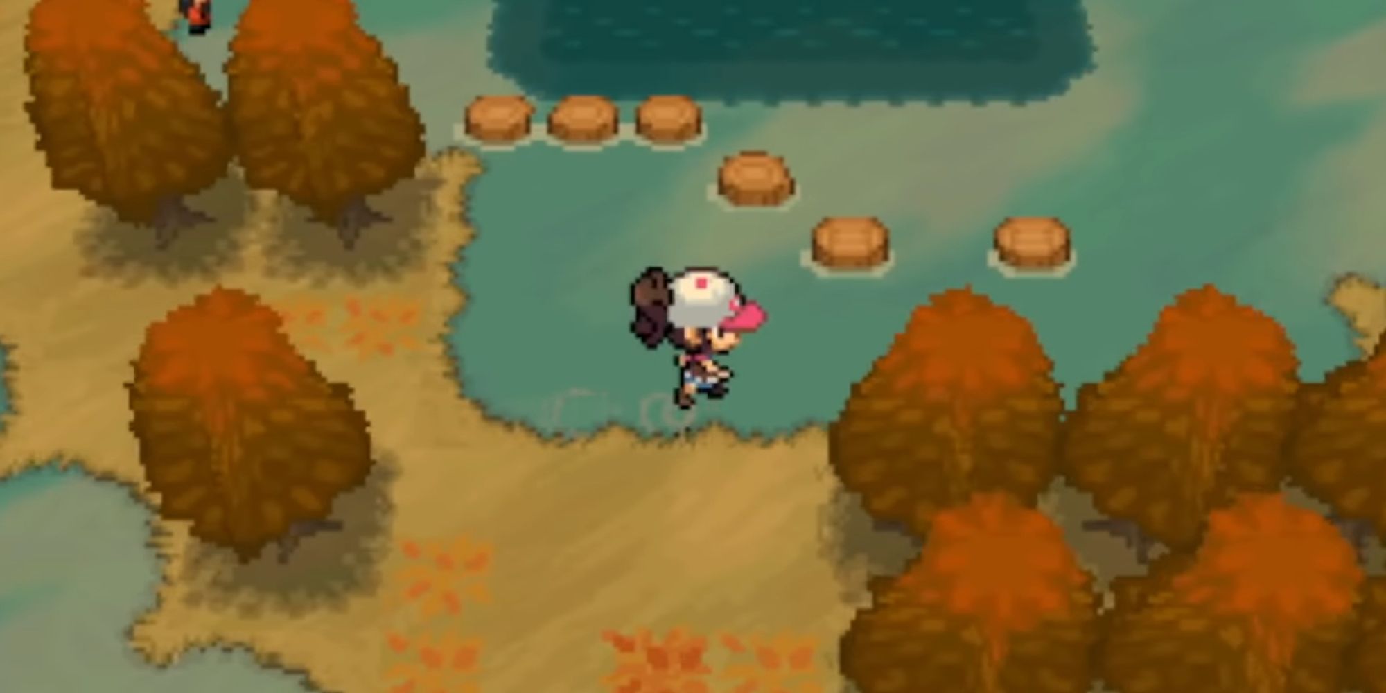 Pokemon Black And White player character walking across water in fall