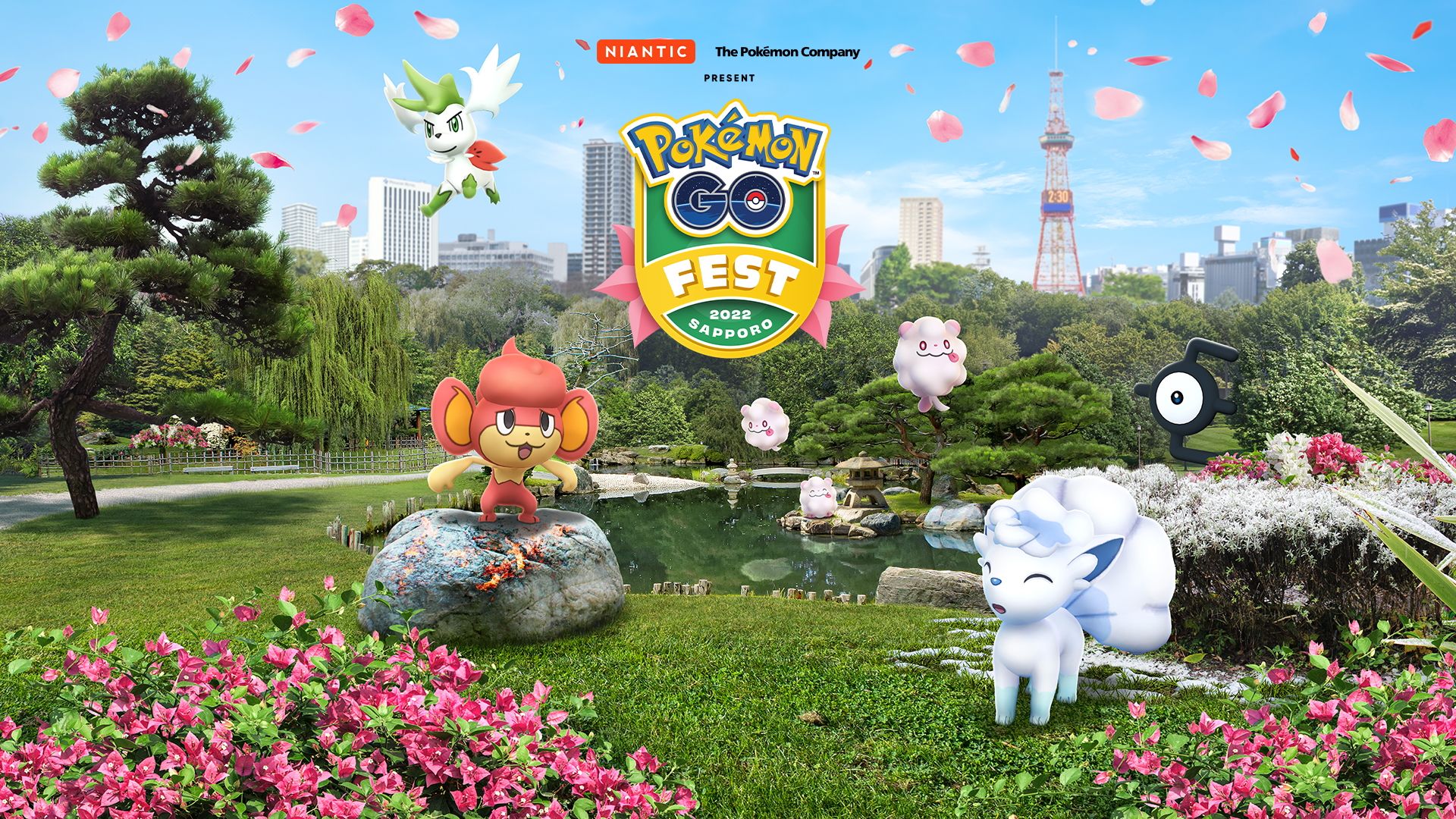 Pokemon Go Fest Sapporo Image with event Pokemon in a park with a pond