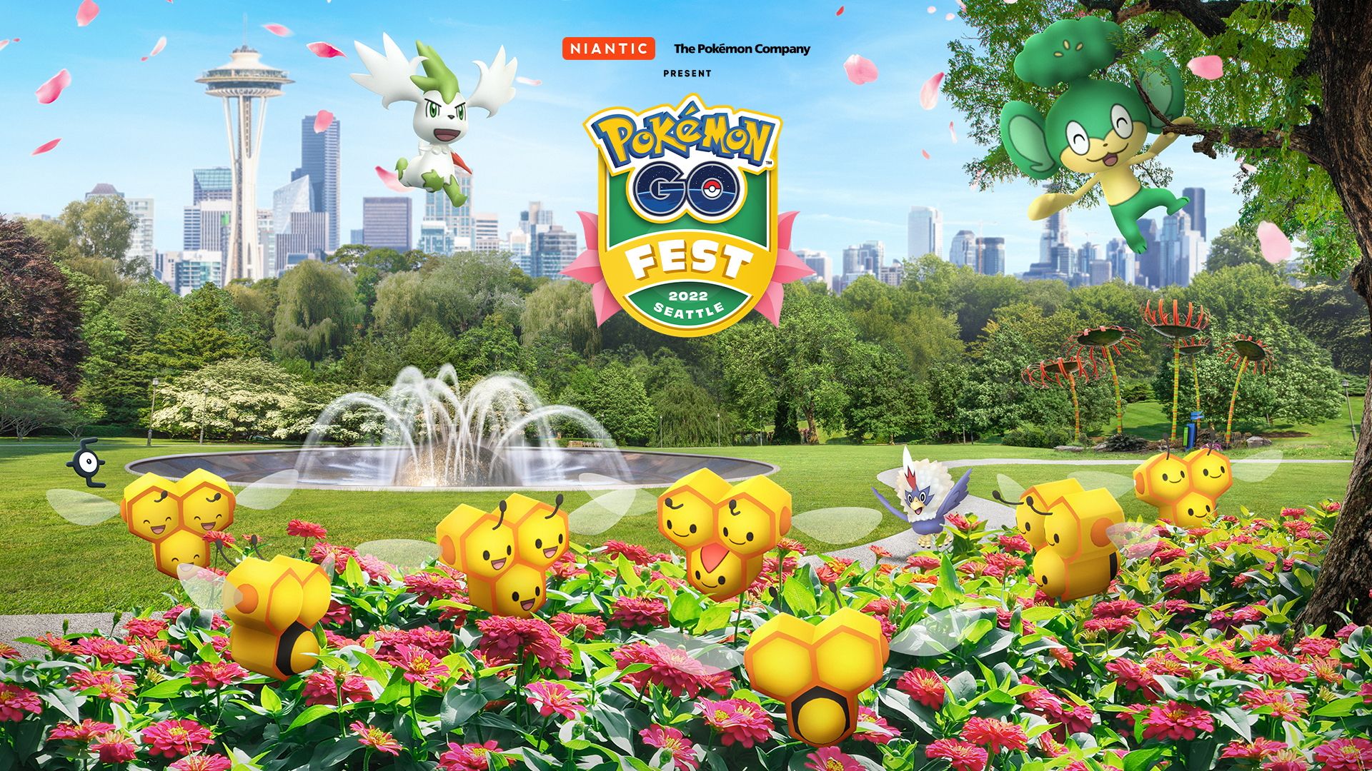 Pokemon Go Fest Seattle Image with several event Pokemon in a park with flowers and a fountain