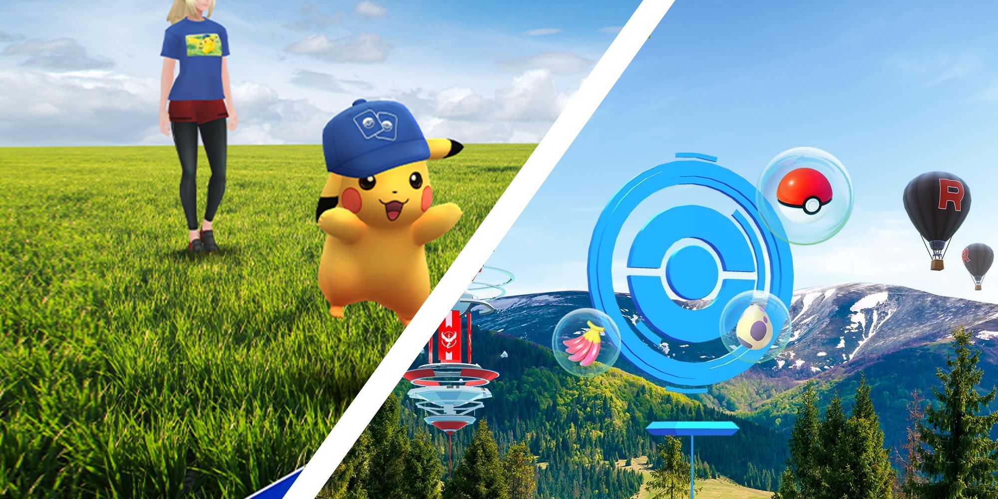 Split Image with Pikachu wearing a Pokemon TCG hat and on with a PokeStop from Pokemon Go