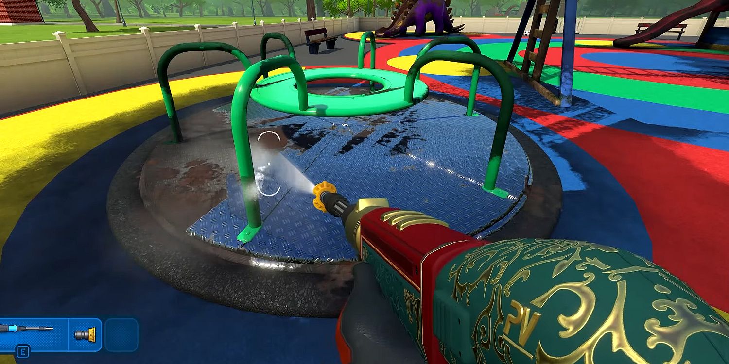 Pressure Washer points to the side in Aim Mode when cleaning a merry-go-round
