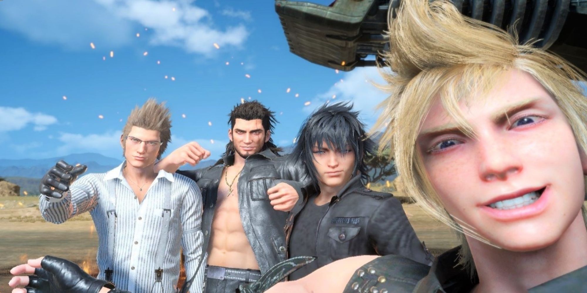 Prompto Taking Selfie With Ignis, Gladio, and Noctis Before Battle