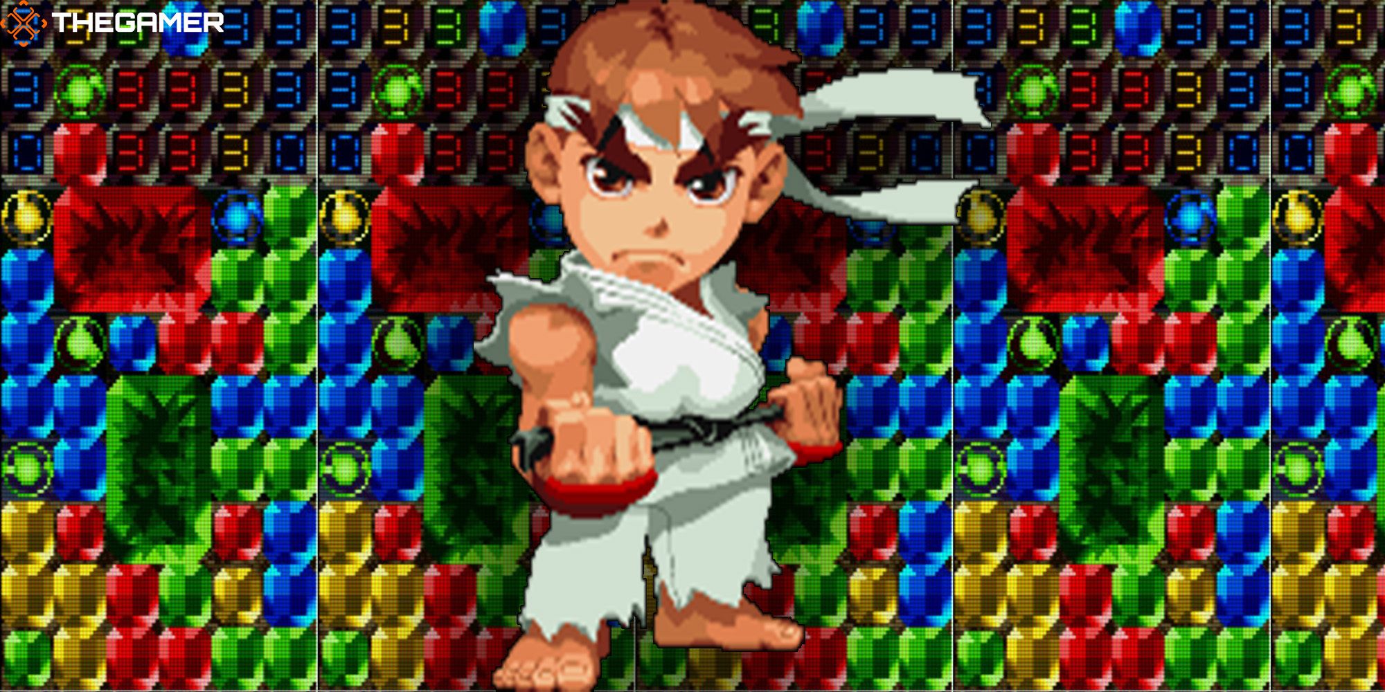 A chibi-sized Ryu stands against a wall of gems from Super Puzzle Fighter 2 Turbo, a game in Capcom Fighting Collection.
