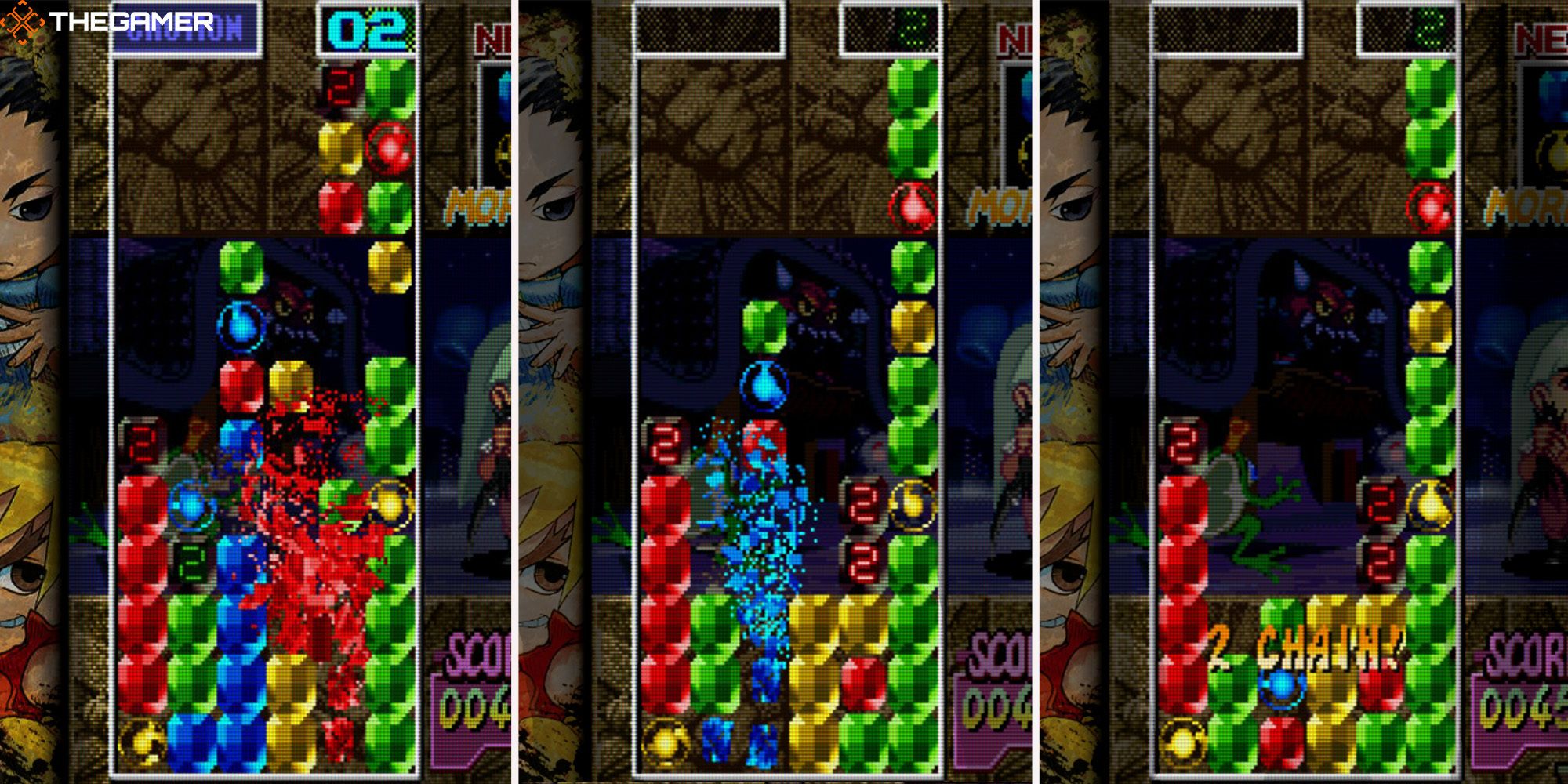 A diagram displays a 2-step chain reaction in Super Puzzle Fighter 2, a game in Capcom Fighting Collection.