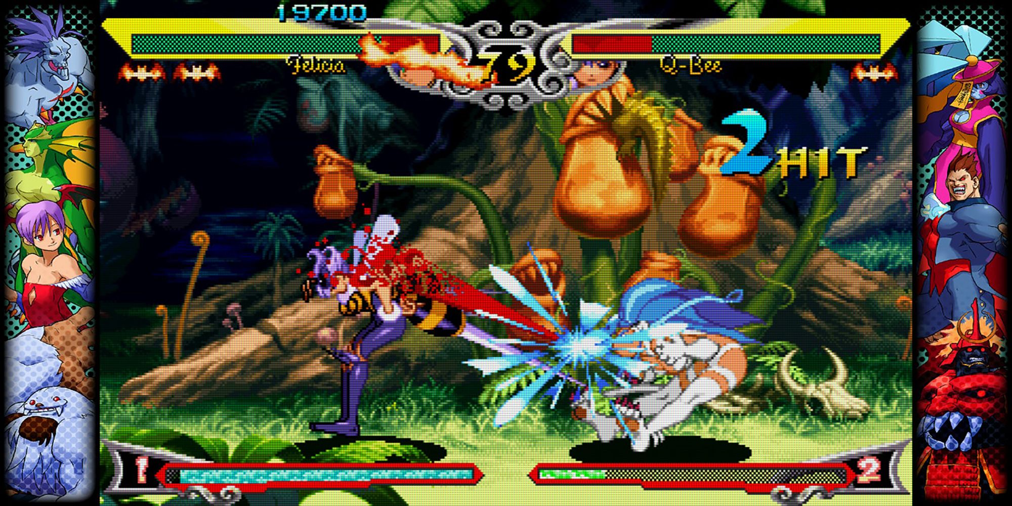 Q-Bee Stings Felicia during a swamp fight in Brazil in Vampire Savior, a game in Capcom Fighting Collection.