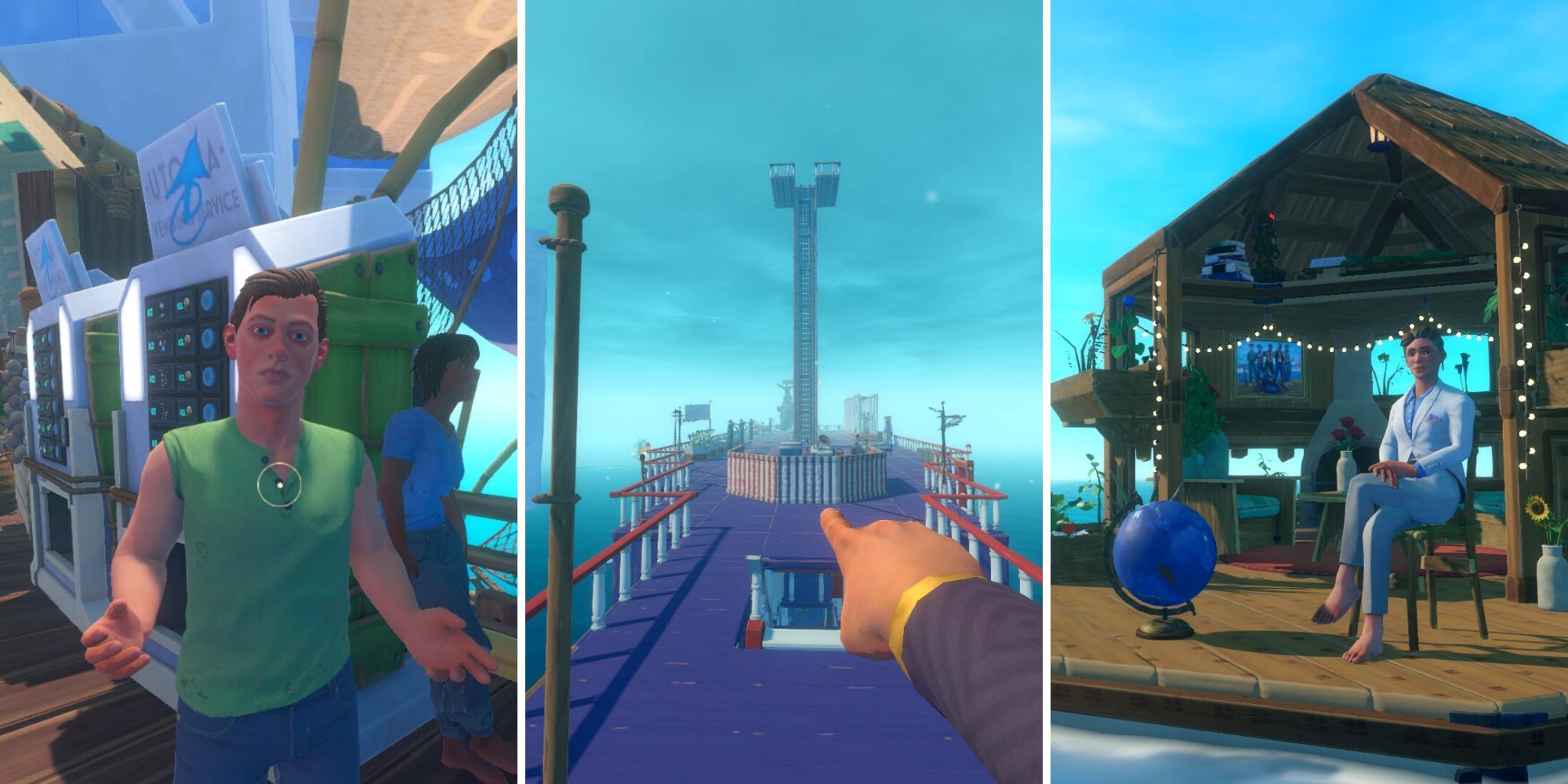 raft utopia character, player pointing at raft mast, elaine sitting in menu raft