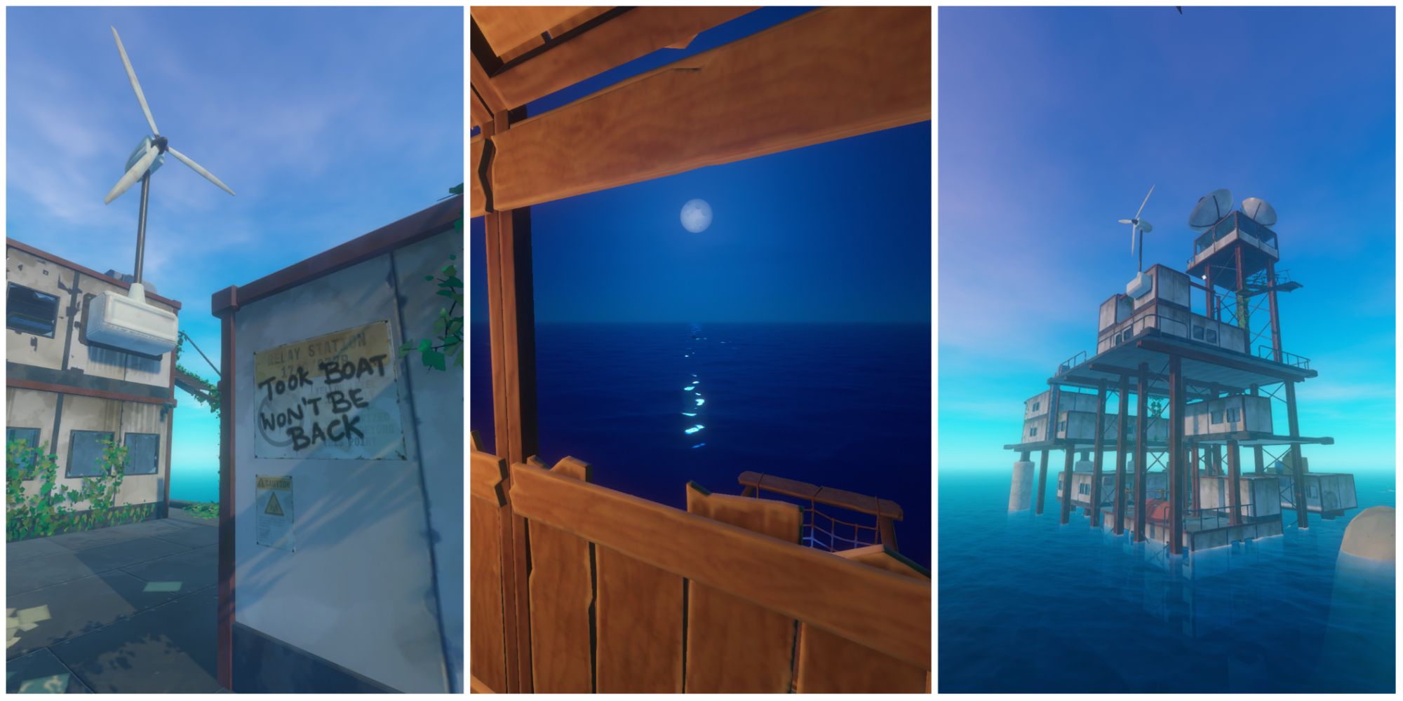 Three Images From The Game Raft: A Written Message, A View From A Window Of The Moon And A Radio Tower At Sea