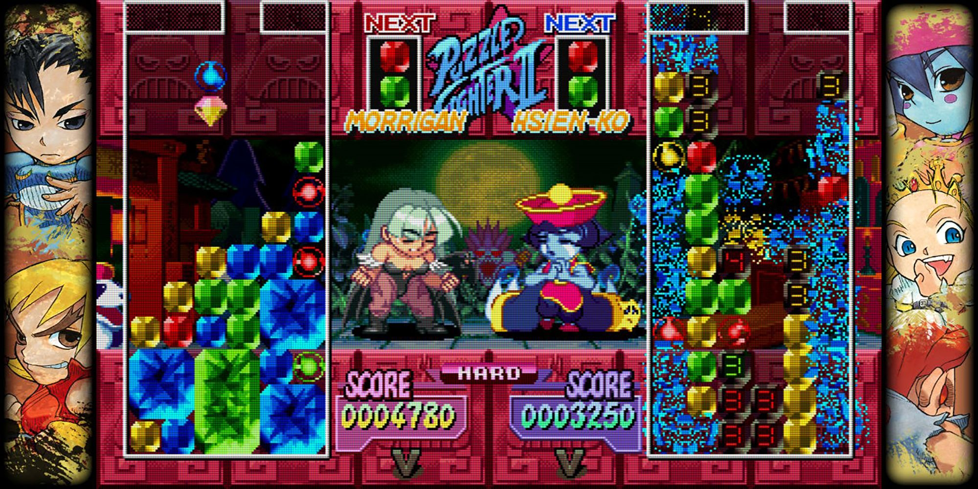 Morrigan prepares to drop a rainbow gem in her playfield during an intense battle with Hsien-Ko in Super Puzzle Fighter 2 Turbo, a game in Capcom Fighting Collection.