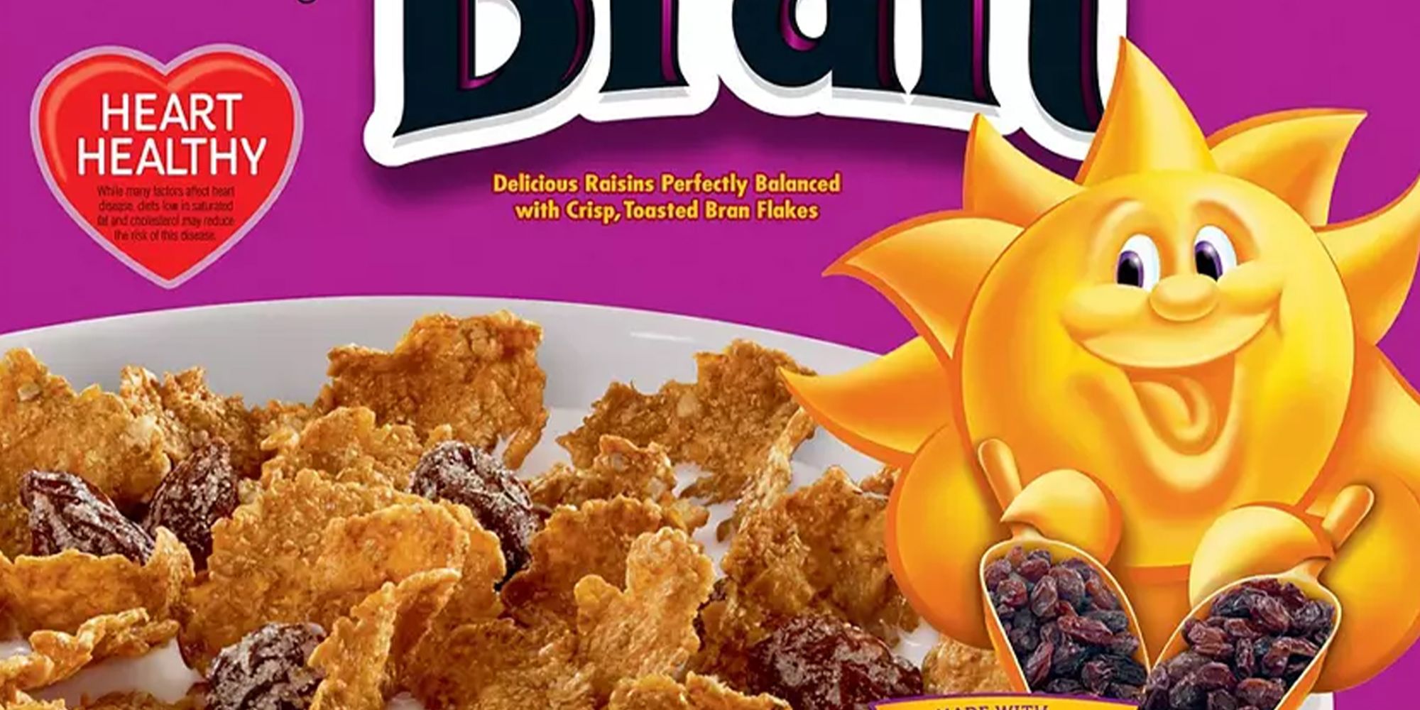 Sunny, an anthropomorphic sun, pours two scoops of raisins on a bowl of Raisin Bran cereal.