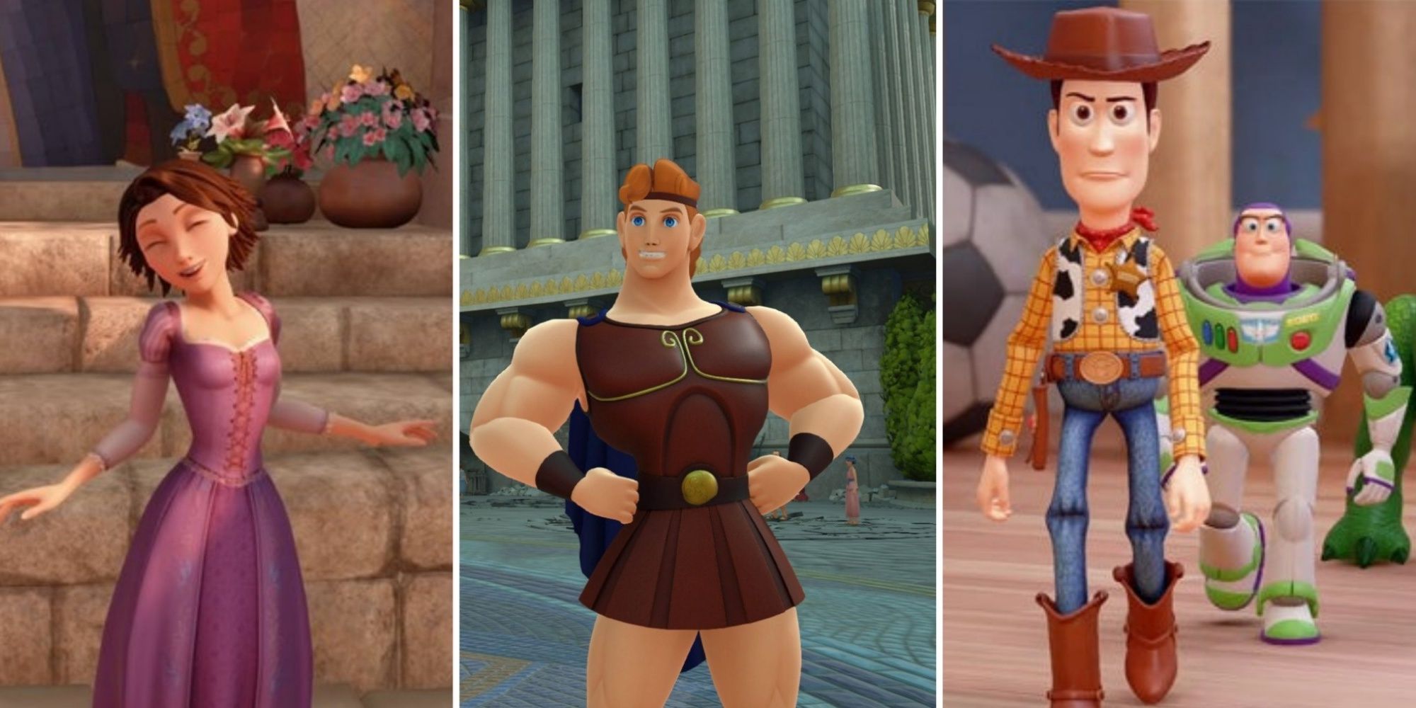 Split image screenshots of Rapunzel, Hercules, Woody and Buzz Lightyear In Kingdom Hearts 3.