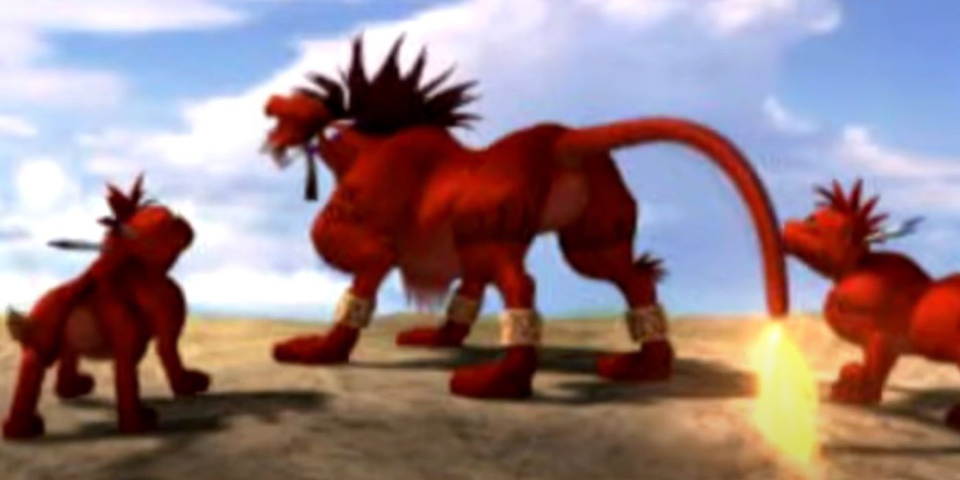 Screenshot of Red XIII and his children in the post credits scene of Final Fantasy 7.