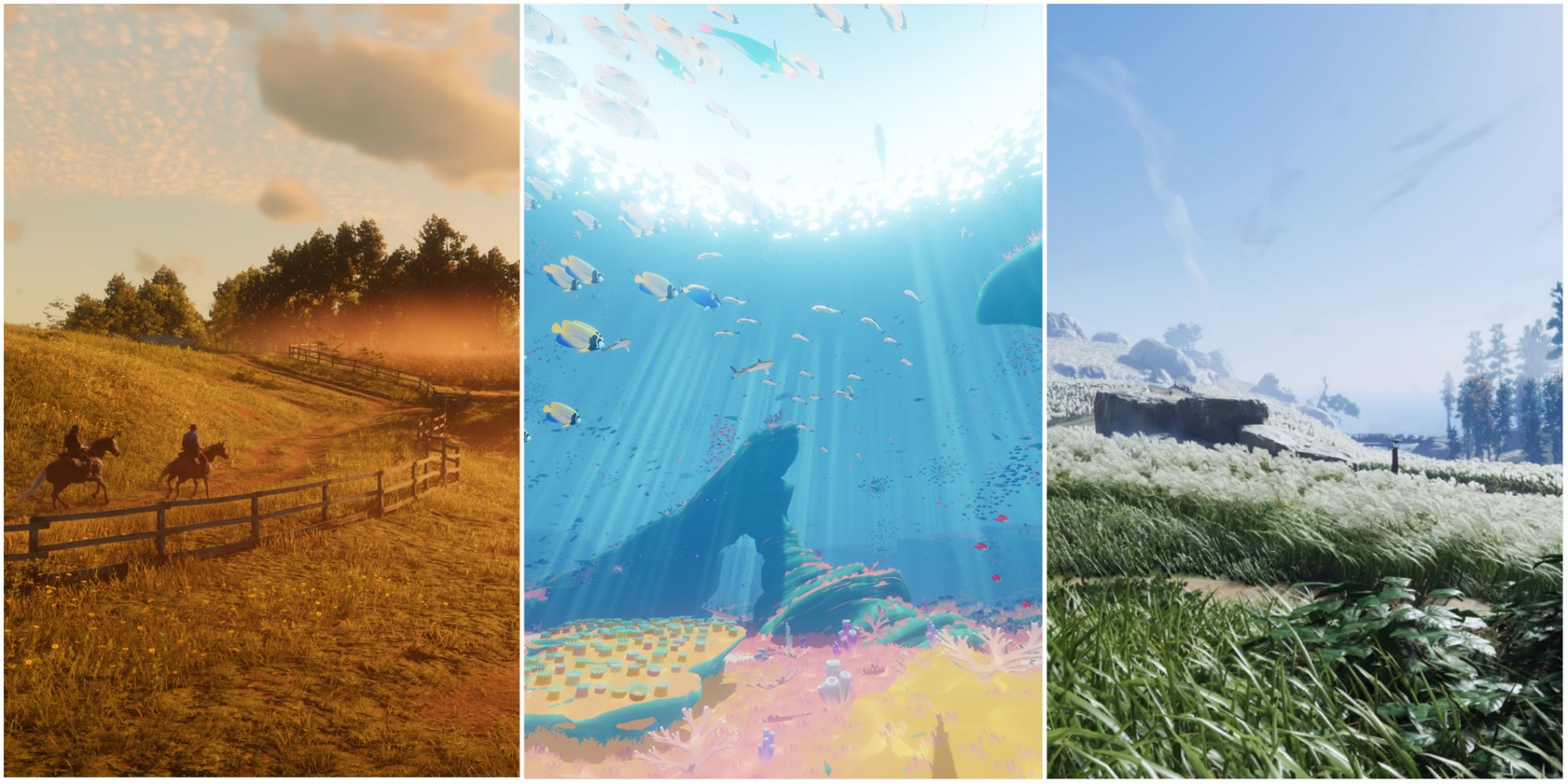 Split image showing various vistas in Red Dead Redemption 2, Abzu, and Ghost of Tsushima