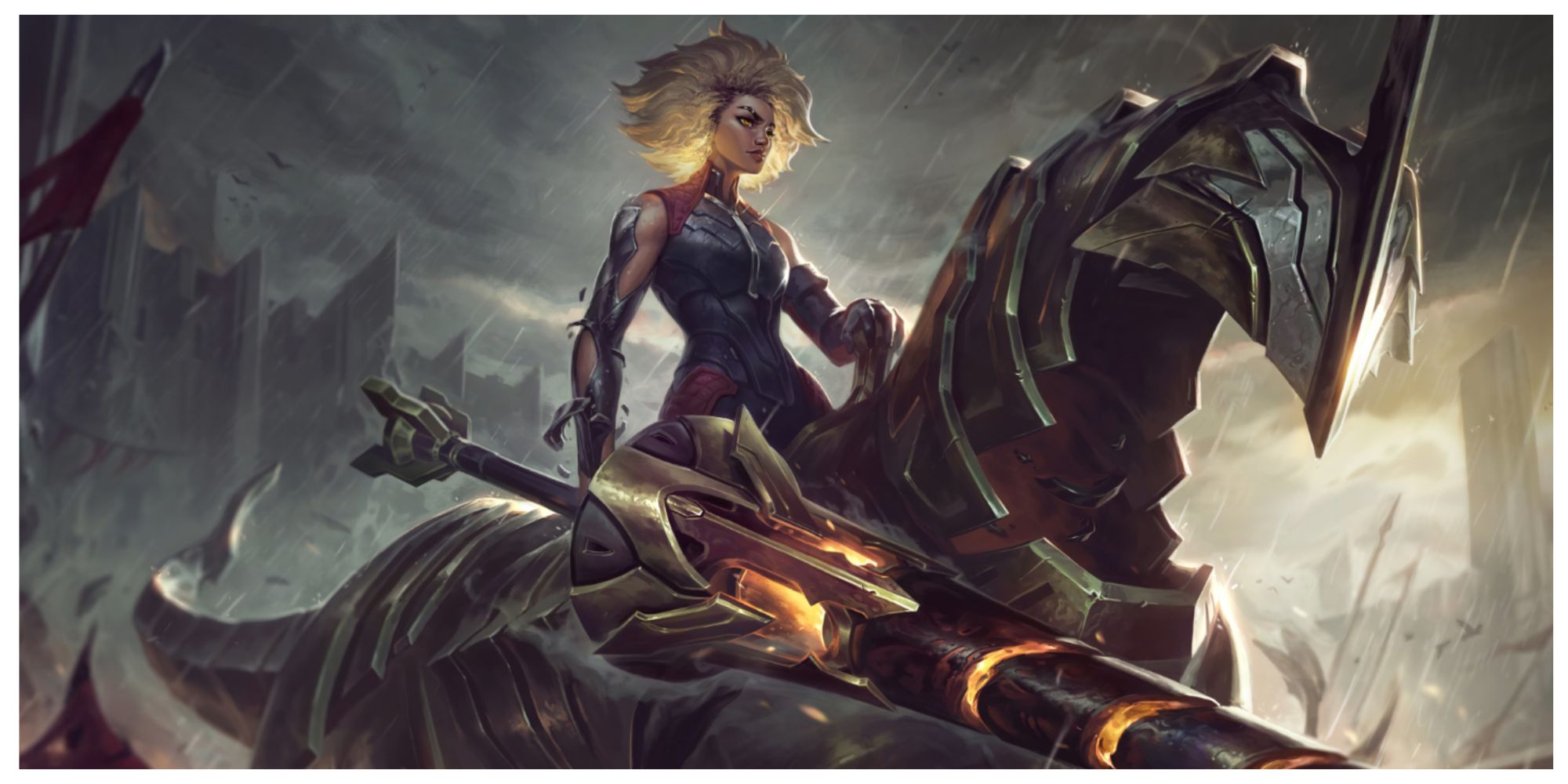 Rell, The Iron Maiden riding her metal horse, a giant lance in her hand, her hair wild as it rains. She is clad in armor