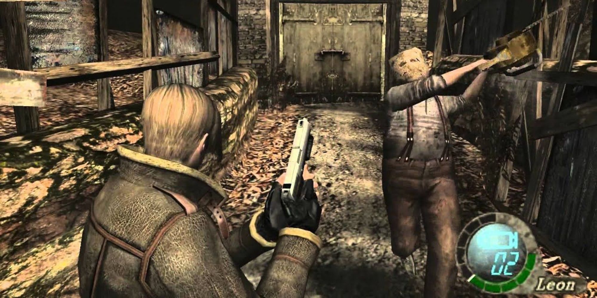 Resident Evil 4 Screenshot Of Leon Facing Dr Salvador Who is wielding a chainsaw