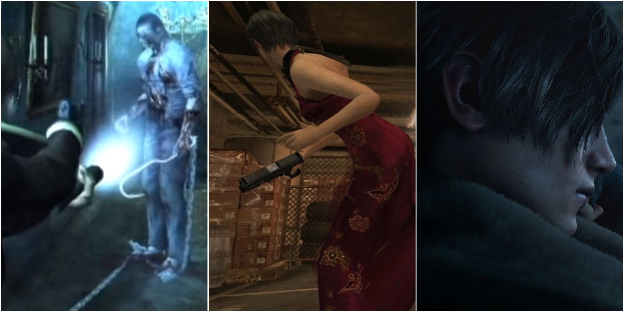 Leon aiming at Hook Man, Ada kicking an enemy, Remake Leon brooding out the window, left to right