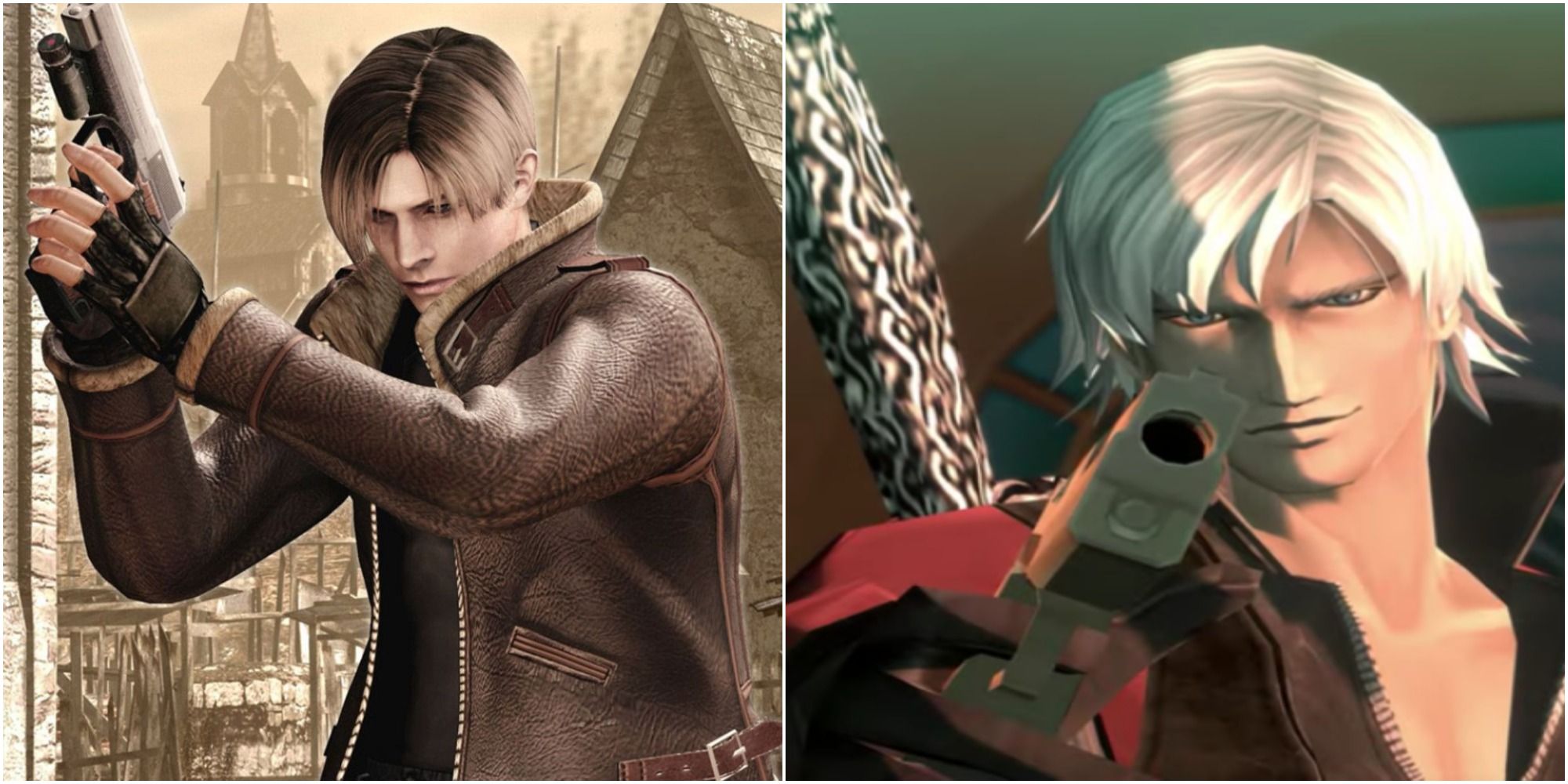 Leon aiming holding his pistol against the background of the Village, and Shin Megami Tensei Dante aiming his pistol at the screen, left to right