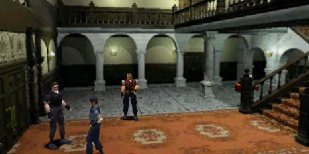 Resident Evil Screenshot Of Wesker Stopping Jill From Leaving Mansion