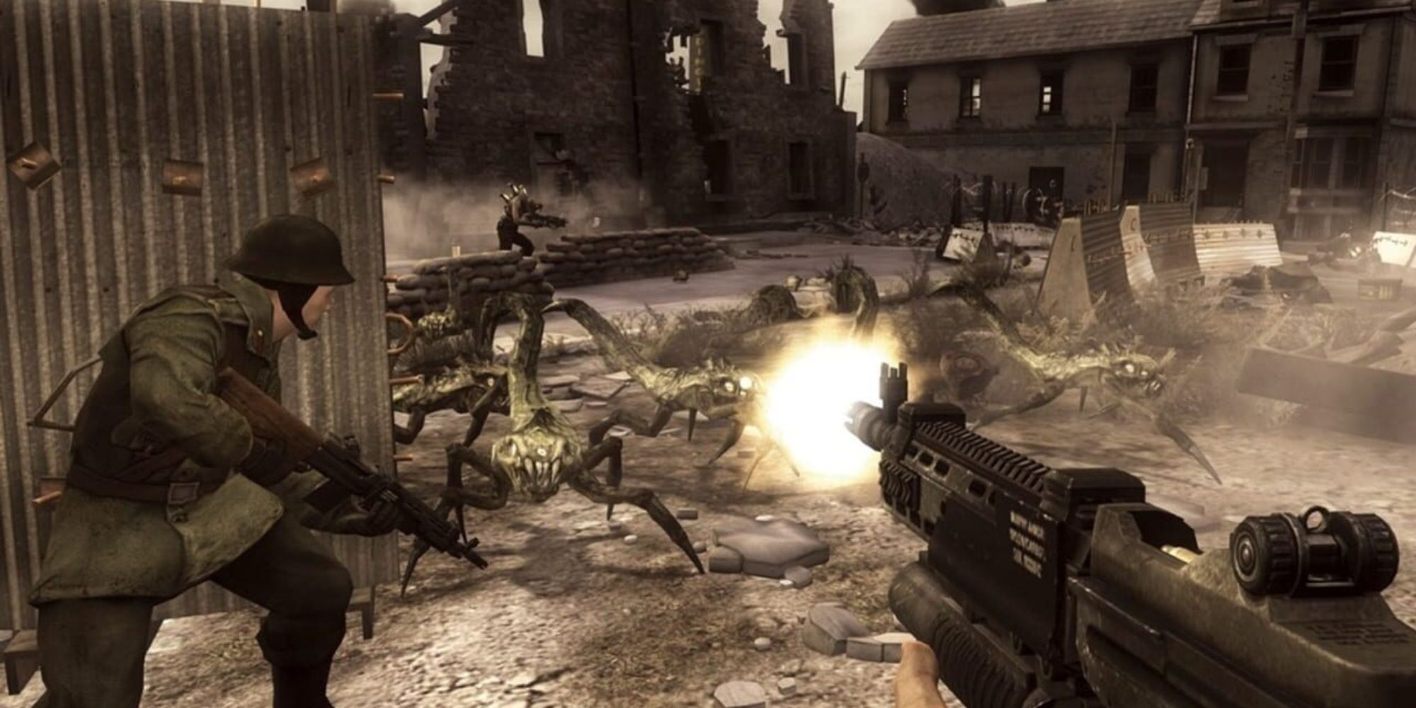 Resistance Fall Of Man Screenshot Of Gun Shooting scorpion-like Chimera on a battlefield near friendly soldiers.