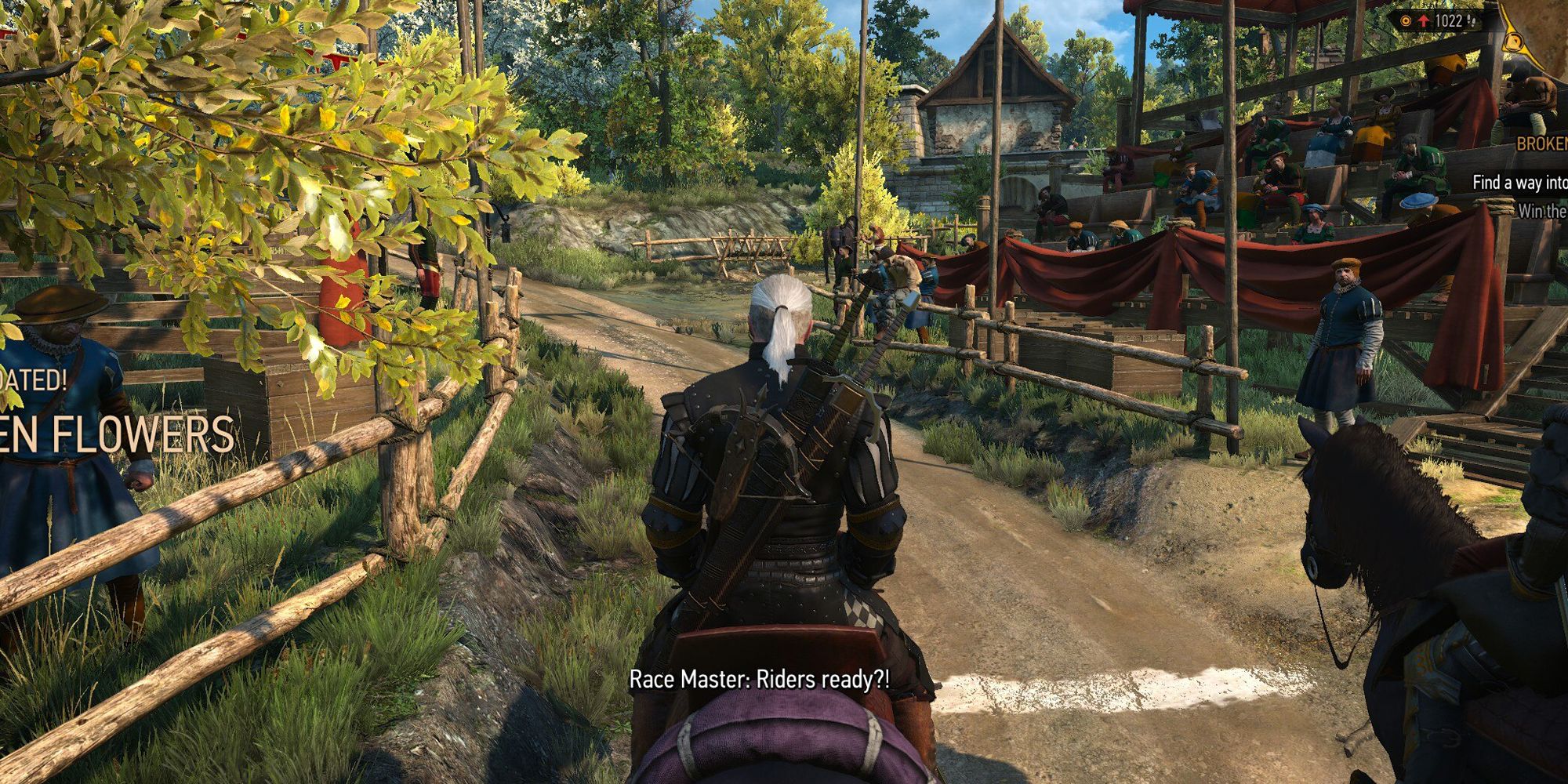 The Witcher 3 Geralt and Roach about to horse race.