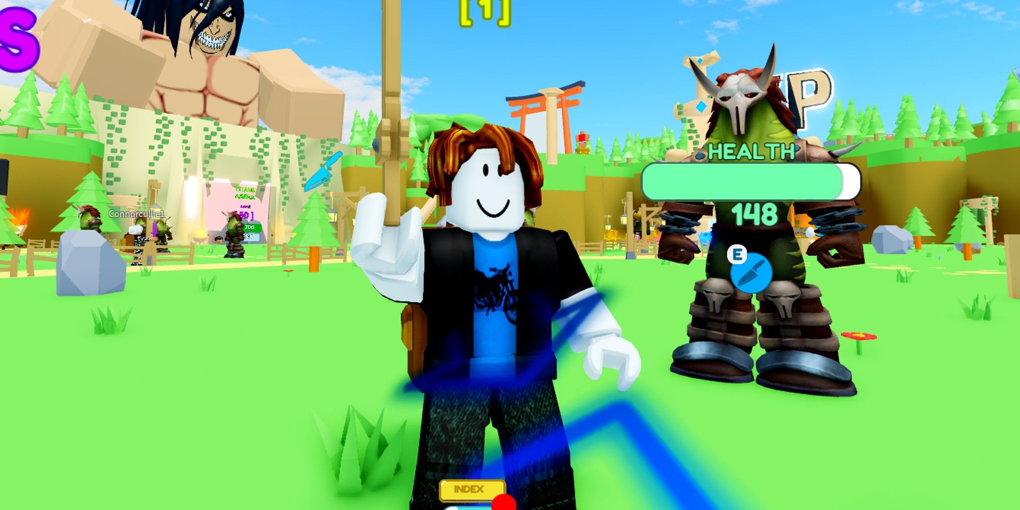 Roblox Slashing Simulator Character With A Sword And A Dummy In The background