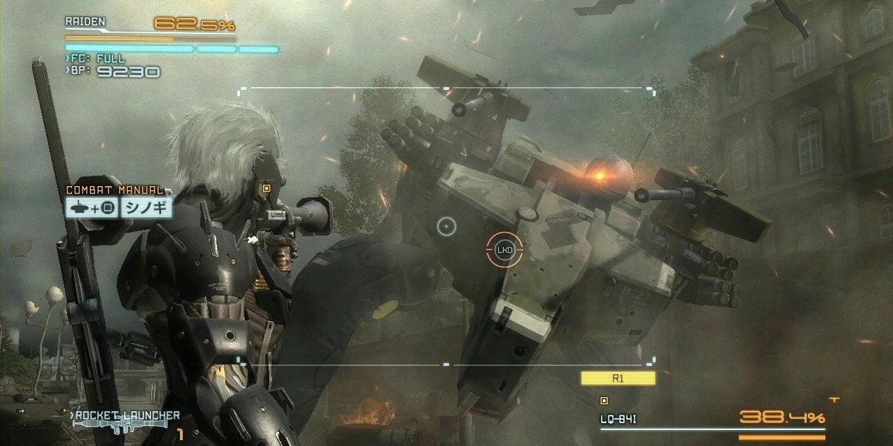 Raiden aims a rocket launcher at a Metal Gear in Metal Gear Solid 4