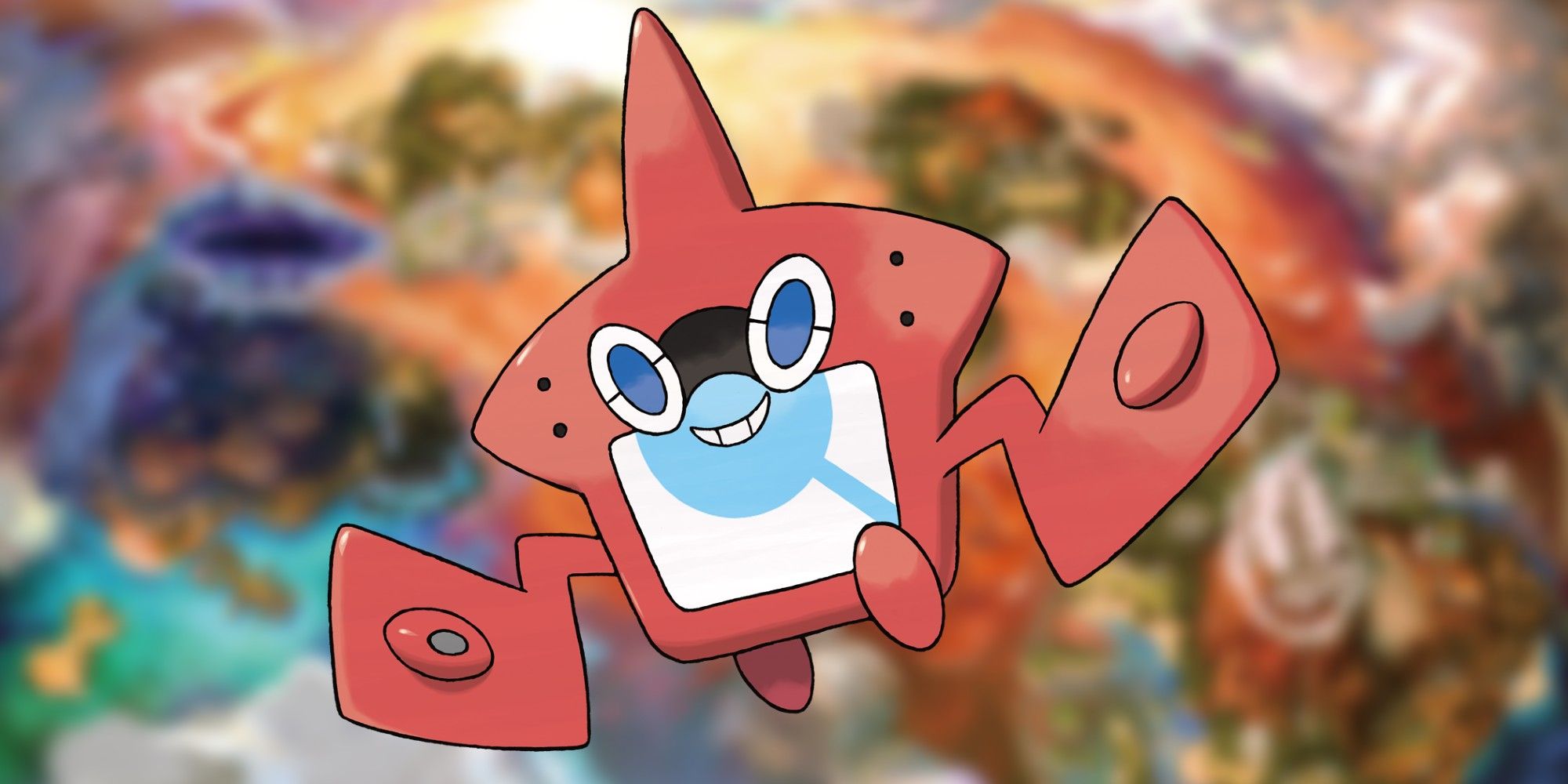 A Rotom Pokedex hovers in front of a blurred map of Alola.  He has a friendly smile on his face.