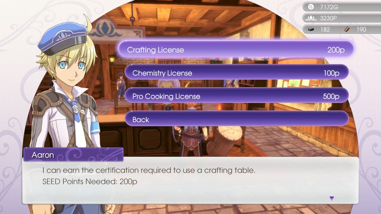 A menu from Rune Factory 5 showing crafting licenses that can be purchased