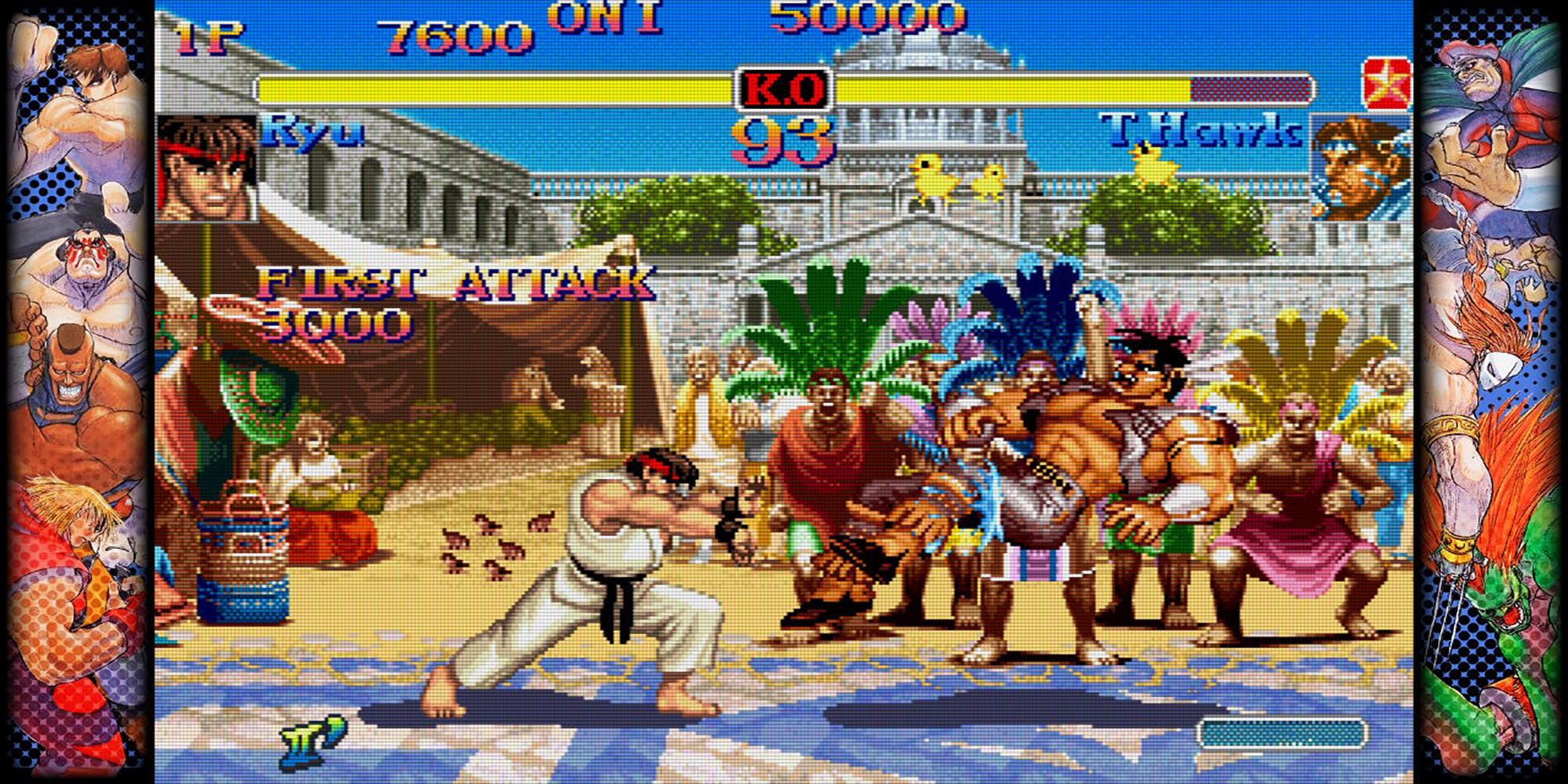 Ryu hits T Hawk with a Hadouken during a battle in Mexico in Hyper Street Fighter 2: The Anniversary Edition, a game in Capcom Fighting Collection.