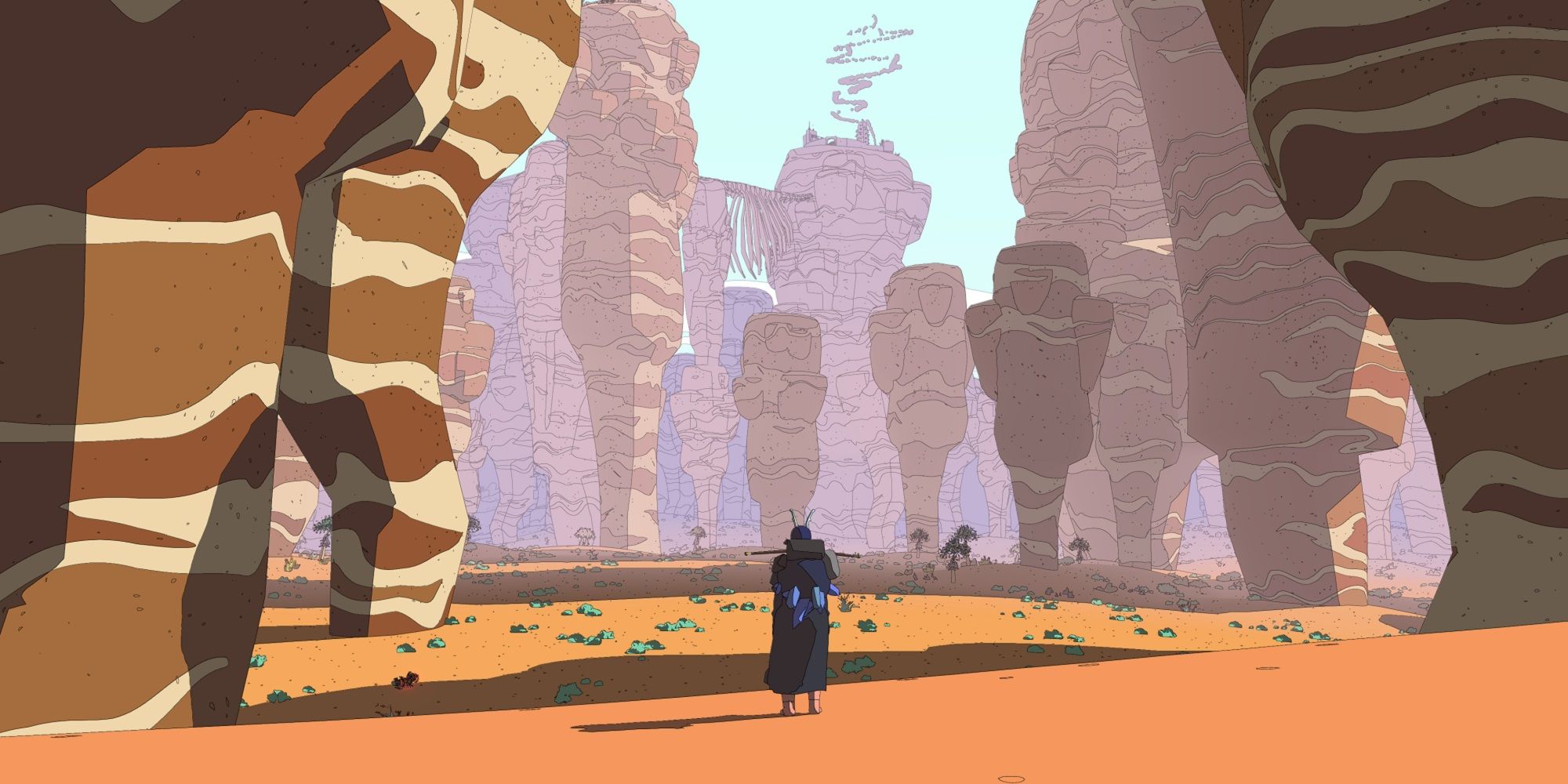 An extremely wide shot of Sable from Sable stood in a desert surrounding by giant towering rocks with smoke rising in the sky in the distance