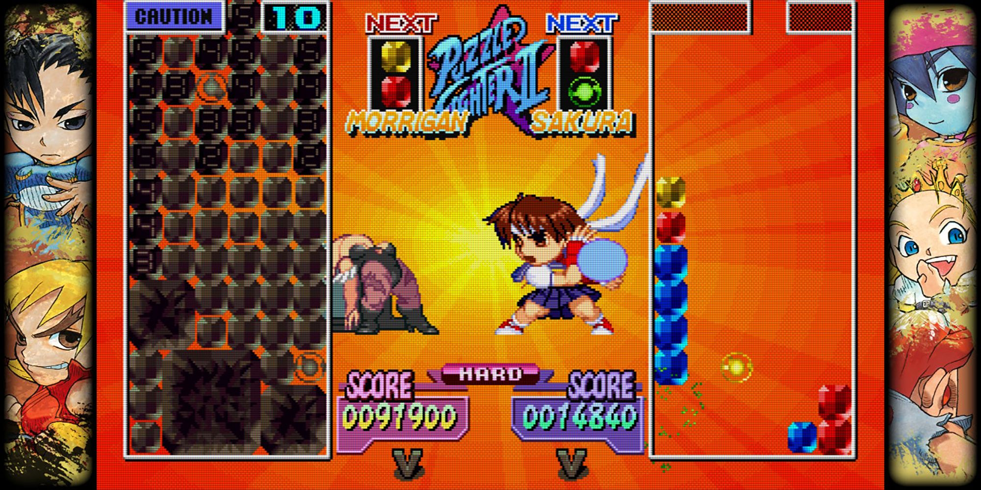 Sakura overpowers Morrigan with a powerful super combo in Super Puzzle Fighter 2 Turbo, a game in Capcom Fighting Collection.
