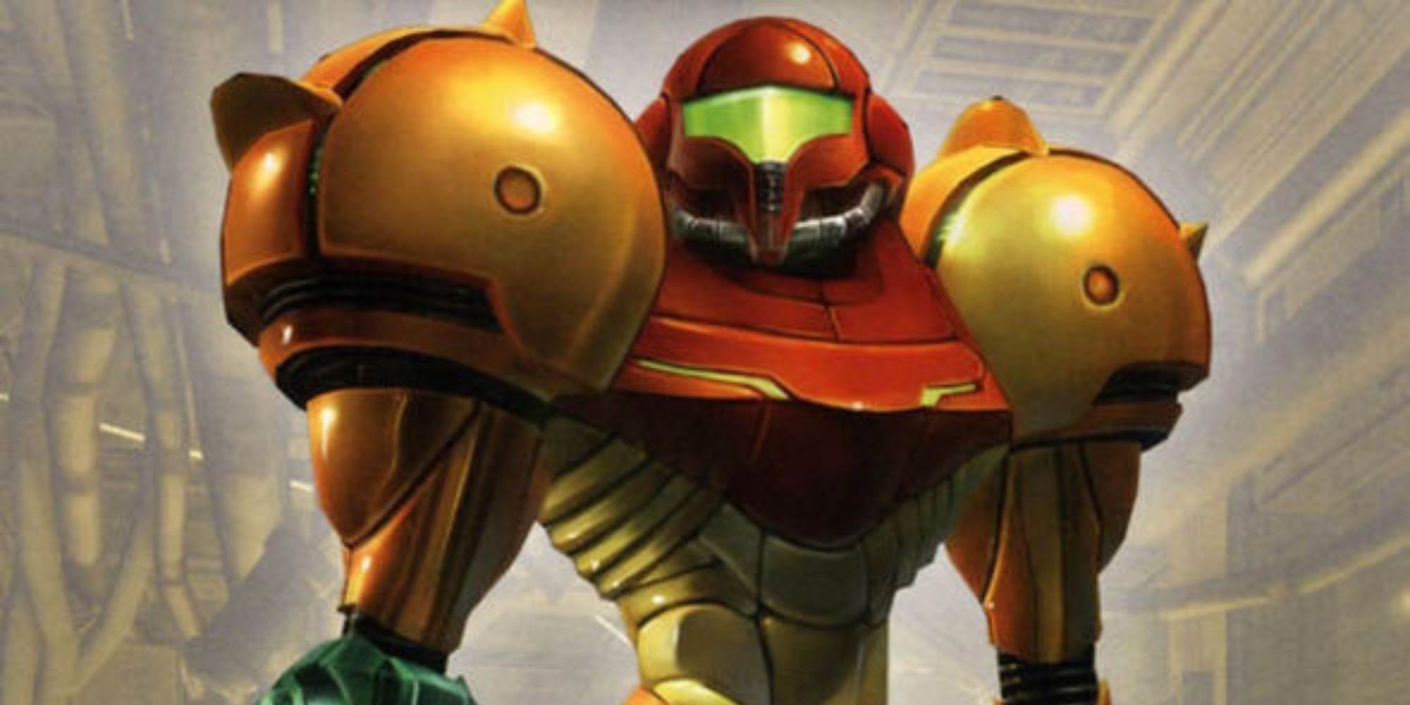 Samus stands heroically in a hallway